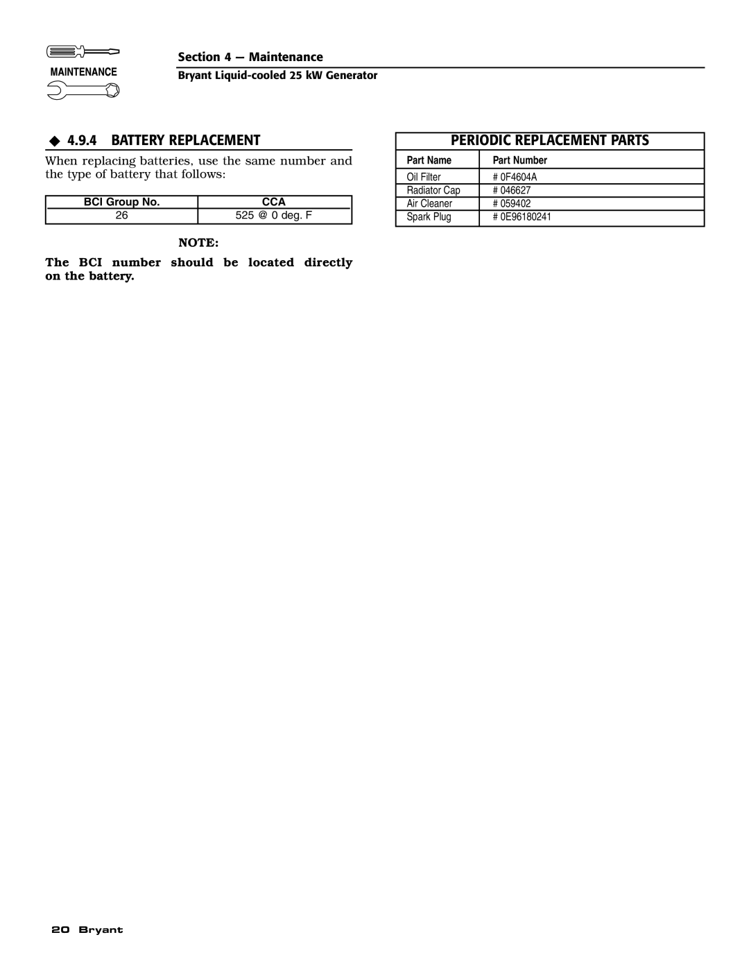 Bryant ASPAS1BBL025 owner manual ‹ 4.9.4 Battery Replacement, Periodic Replacement Parts 