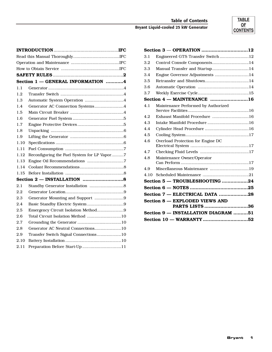 Bryant ASPAS1BBL025 owner manual Table of Contents 