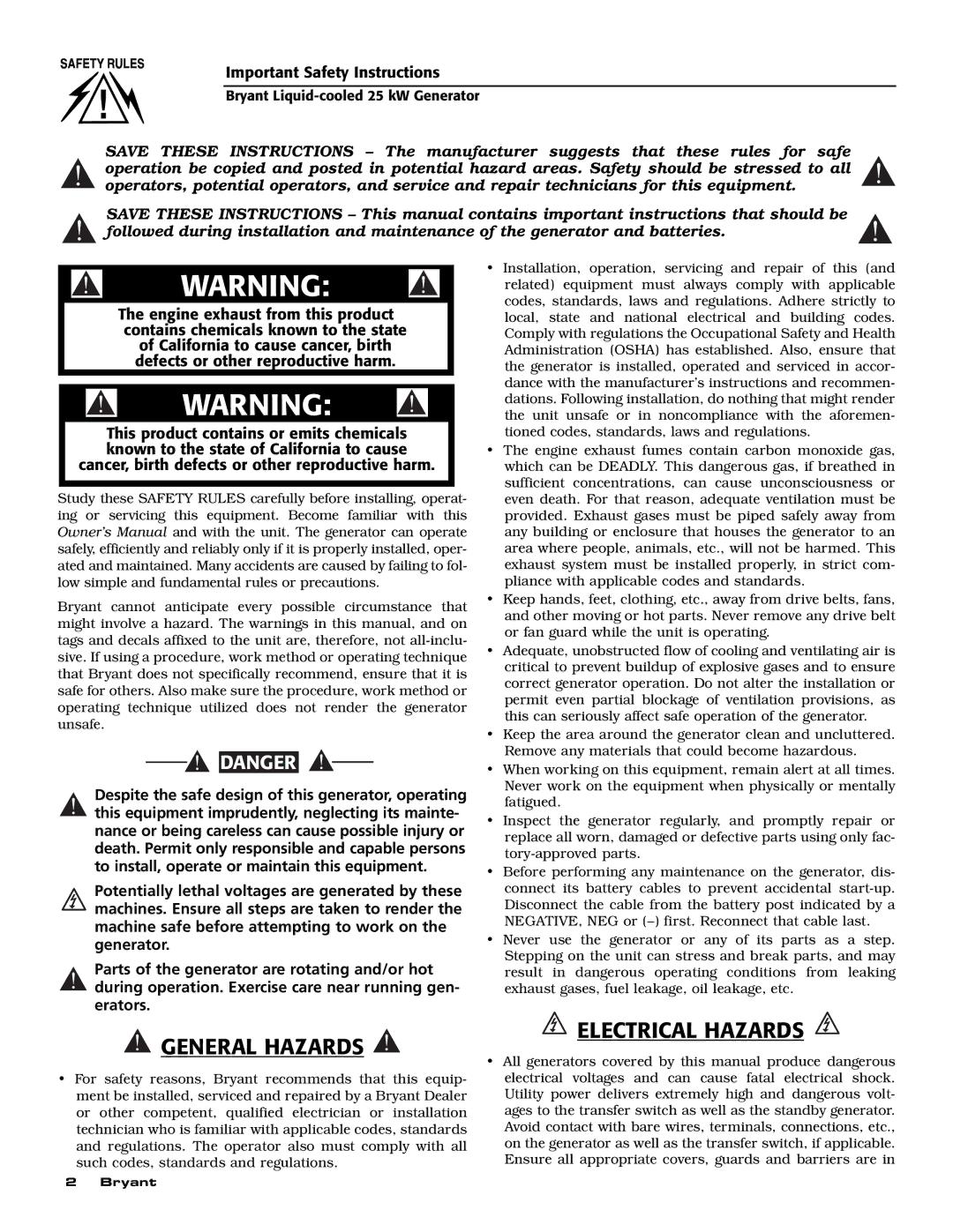 Bryant ASPAS1BBL025 owner manual General Hazards 