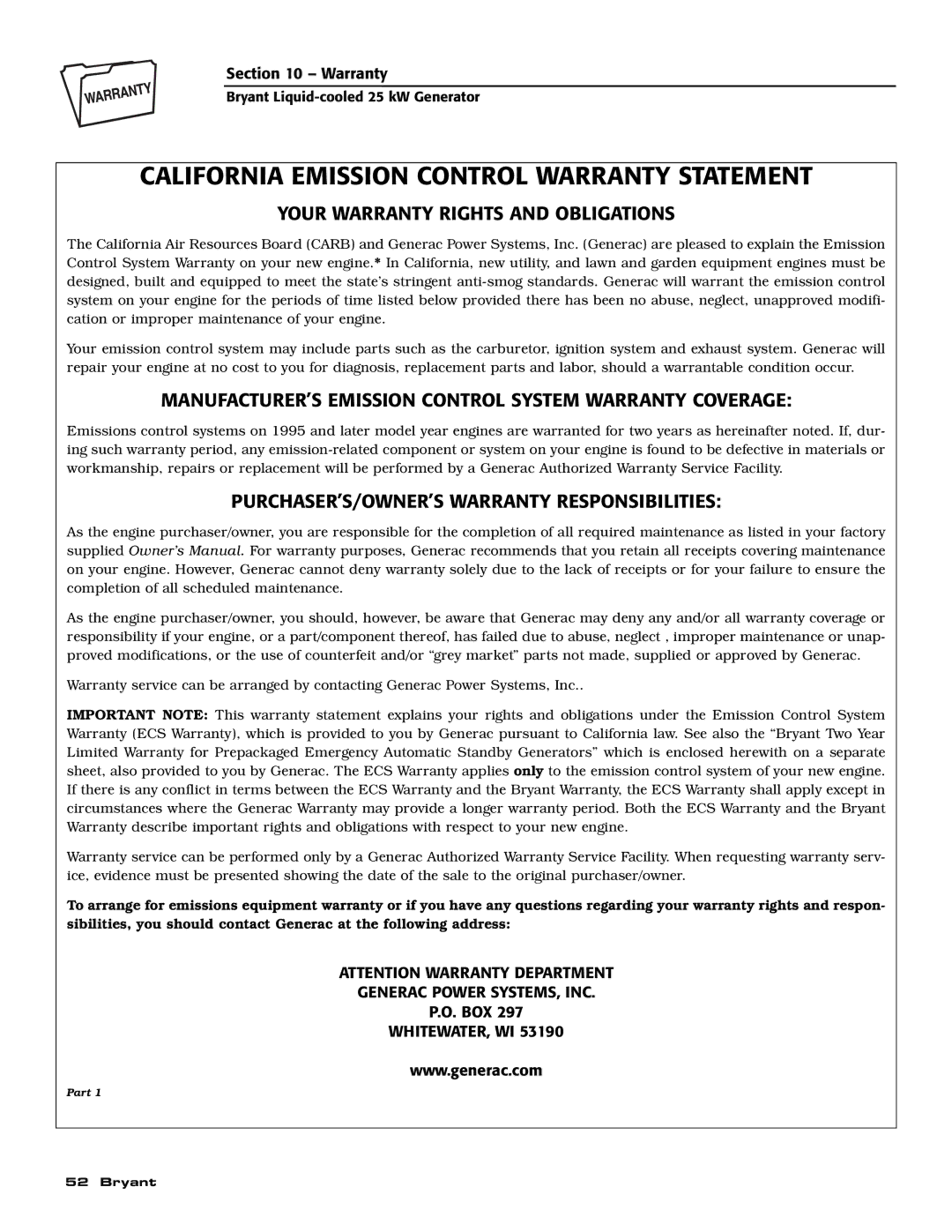 Bryant ASPAS1BBL025 Your Warranty Rights and Obligations, MANUFACTURER’S Emission Control System Warranty Coverage 