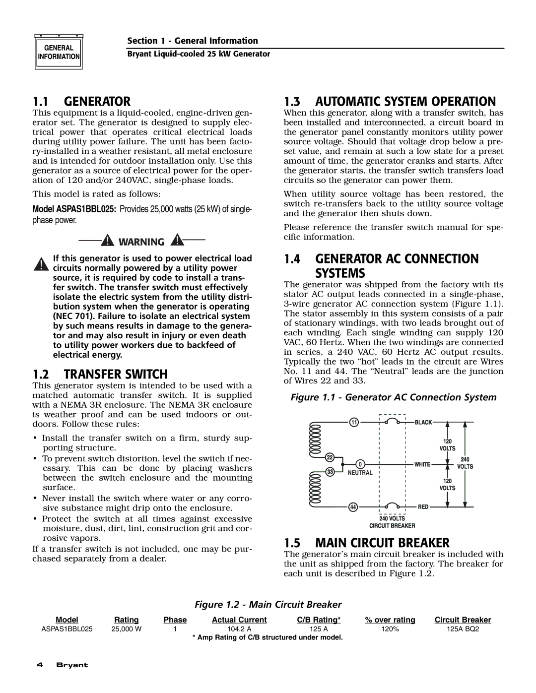 Bryant ASPAS1BBL025 Transfer Switch, Automatic System Operation, Generator AC Connection Systems, Main Circuit Breaker 