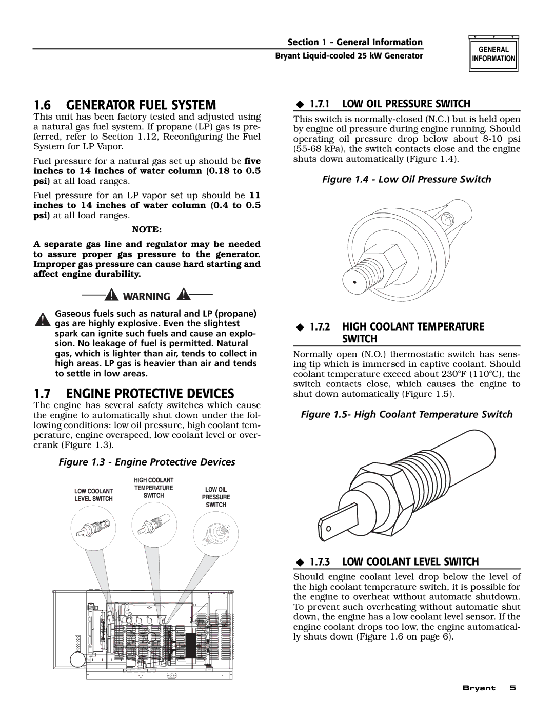 Bryant ASPAS1BBL025 owner manual Generator Fuel System, Engine Protective Devices, ‹ 1.7.1 LOW OIL Pressure Switch 