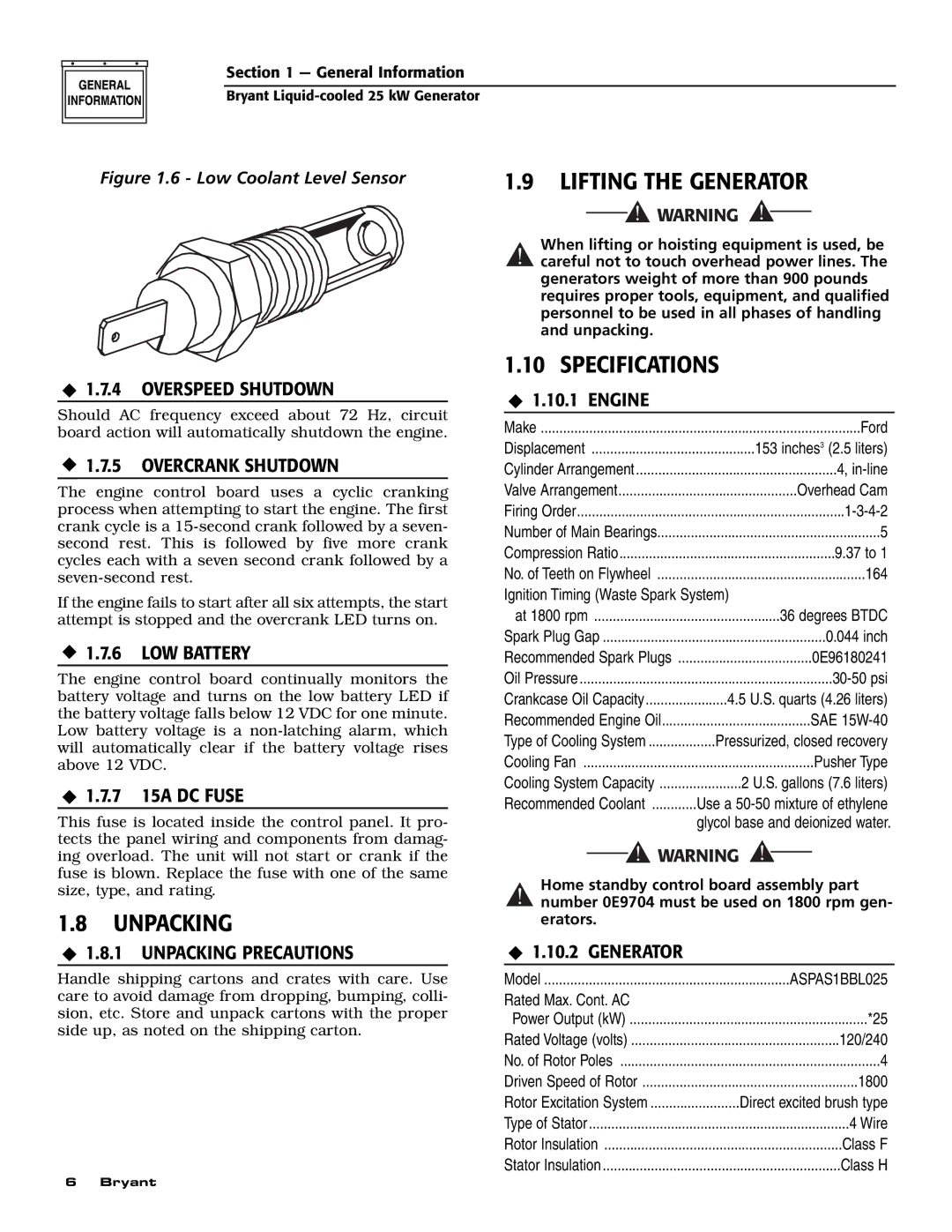 Bryant ASPAS1BBL025 owner manual Unpacking, Specifications 