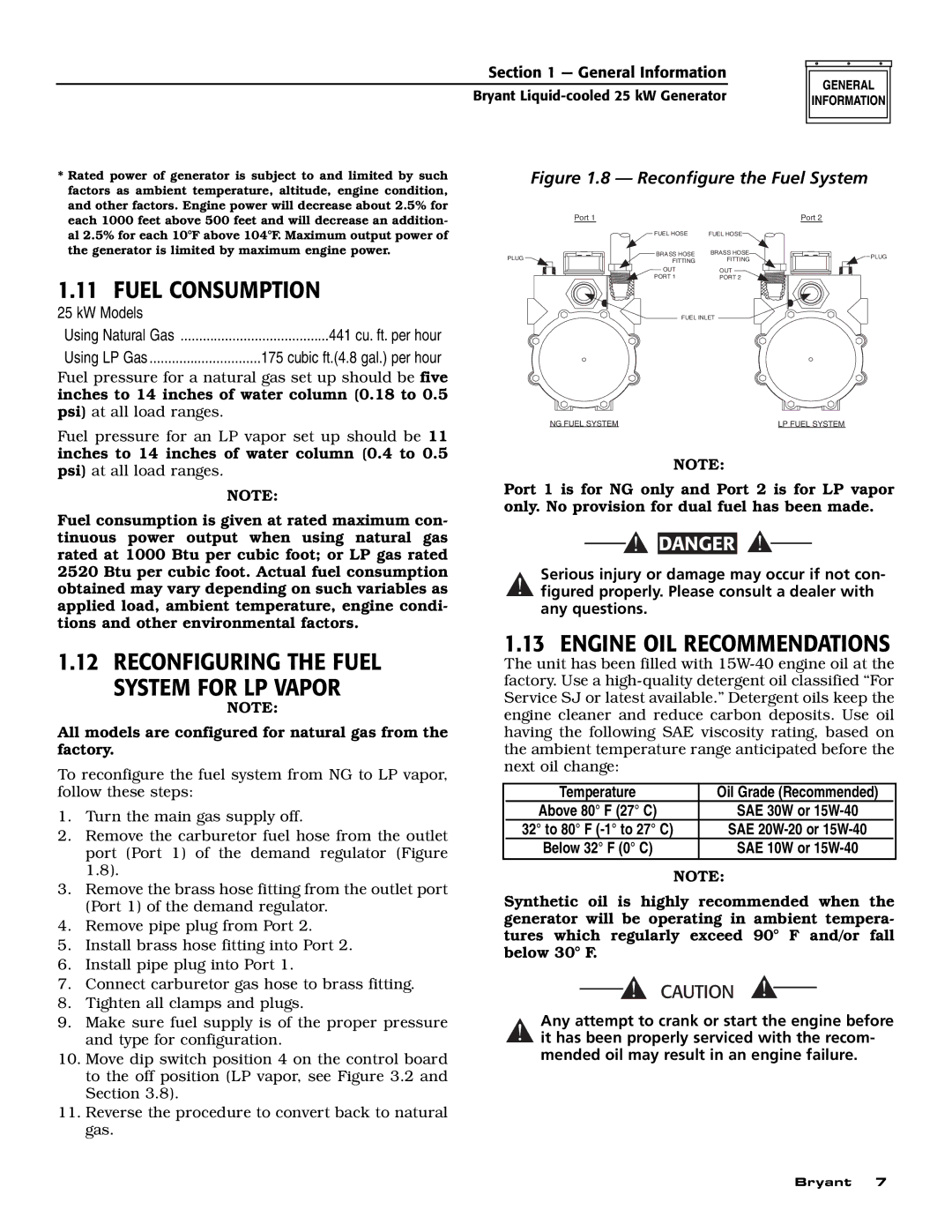 Bryant ASPAS1BBL025 owner manual Fuel Consumption, Engine OIL Recommendations 