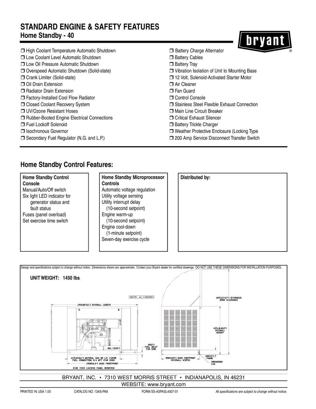 Bryant ASPAS1BBL040 warranty Standard Engine & Safety Features, Home Standby Control Features 