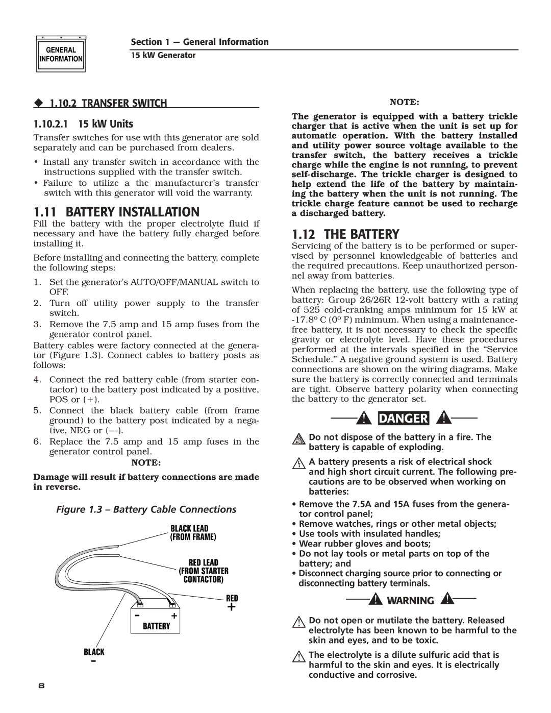 Bryant ASPAX1BBA015 owner manual Battery Installation, ‹ 1.10.2 Transfer Switch, 10.2.1 15 kW Units 