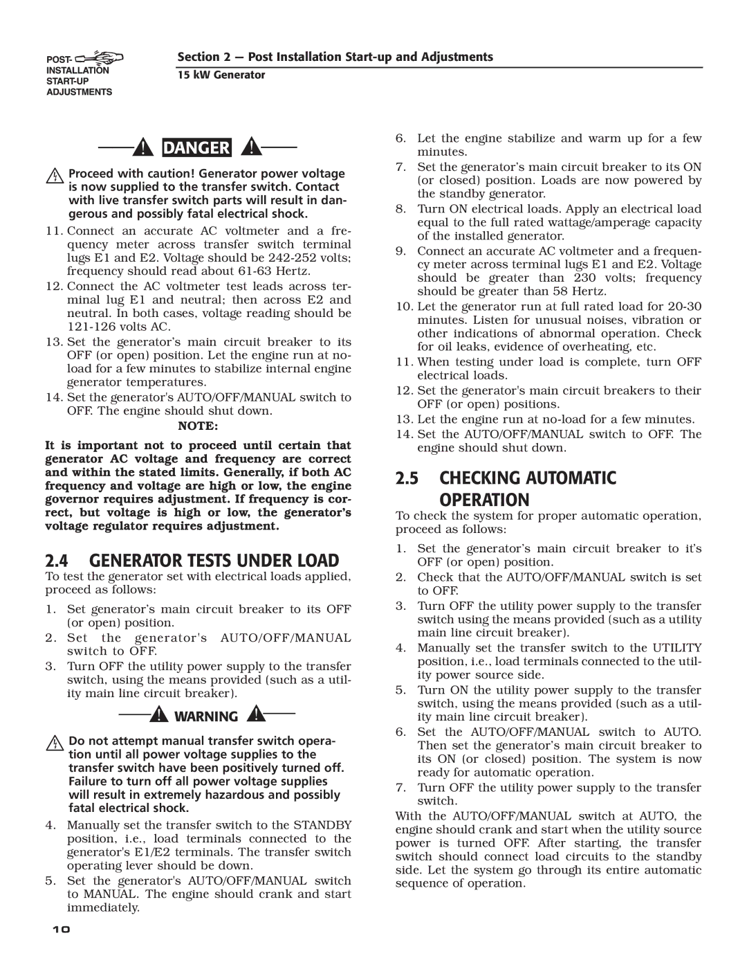 Bryant ASPAX1BBA015 owner manual Generator Tests Under Load, Checking Automatic Operation 