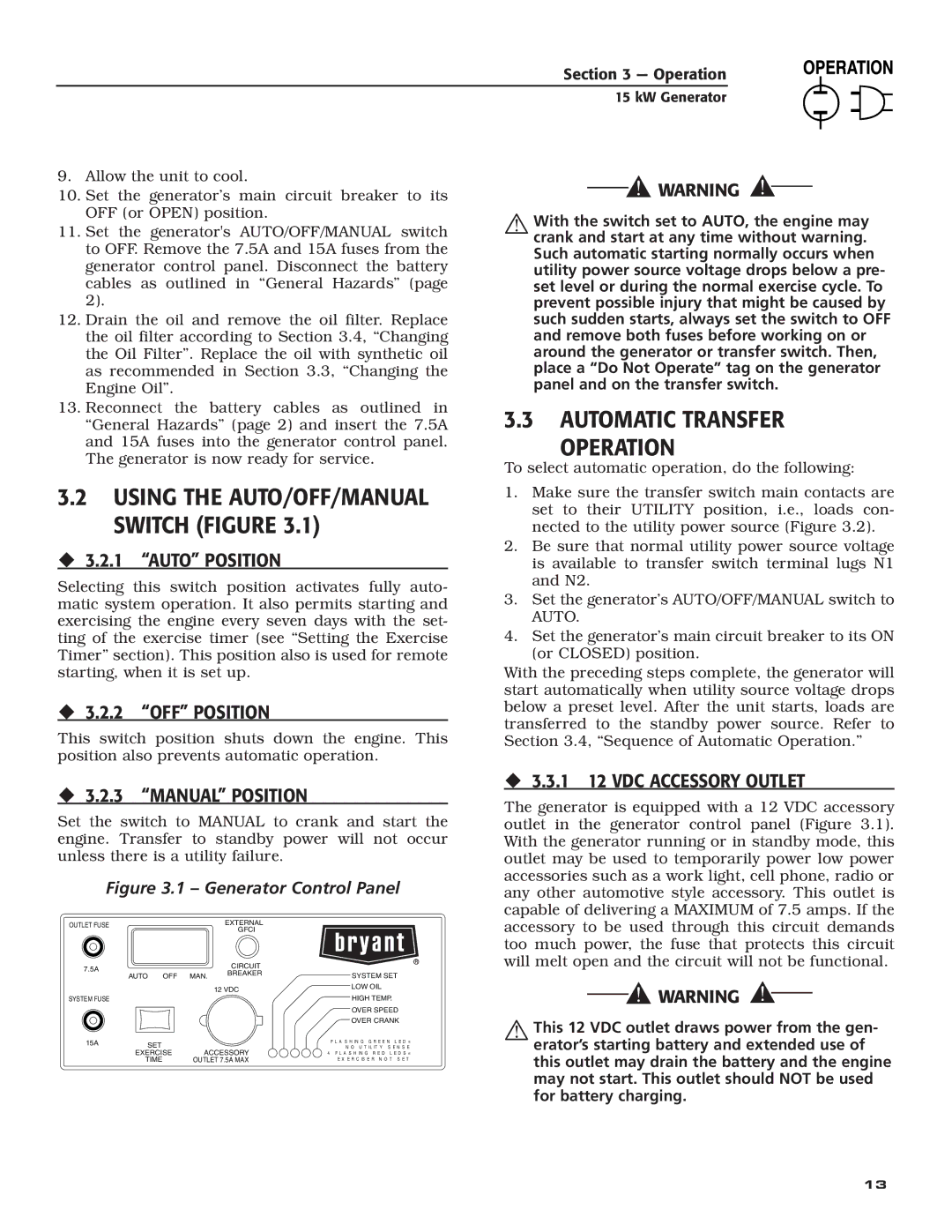 Bryant ASPAX1BBA015 Automatic Transfer Operation, ‹ 3.2.1 Auto Position, ‹ 3.2.2 OFF Position, ‹ 3.2.3 Manual Position 