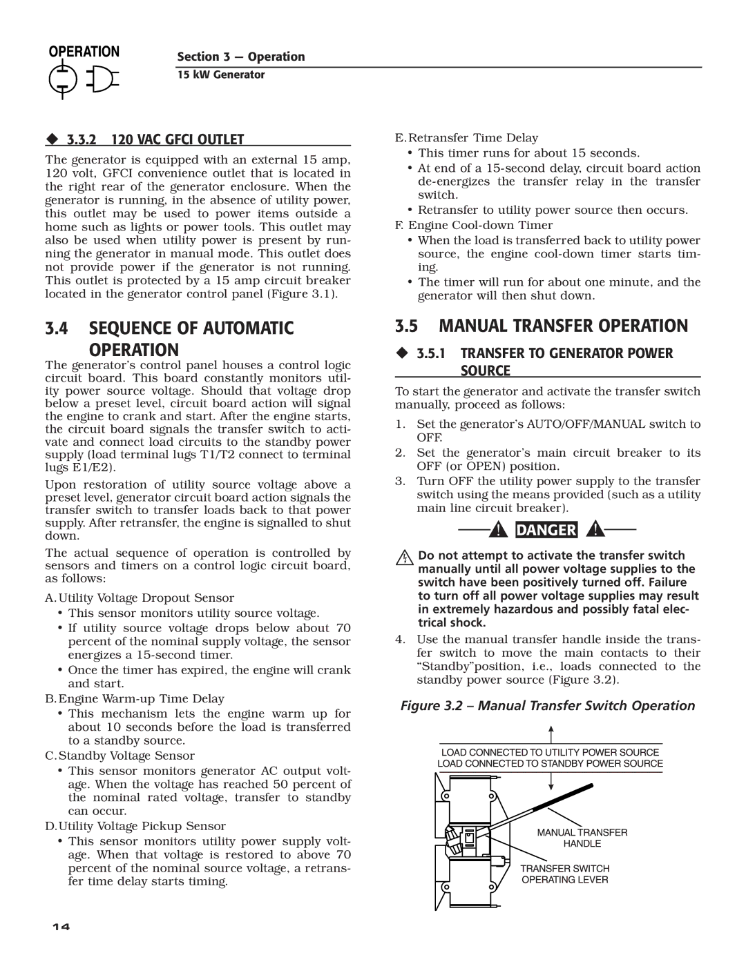 Bryant ASPAX1BBA015 owner manual Sequence of Automatic Operation, Manual Transfer Operation, ‹ 3.3.2 120 VAC Gfci Outlet 