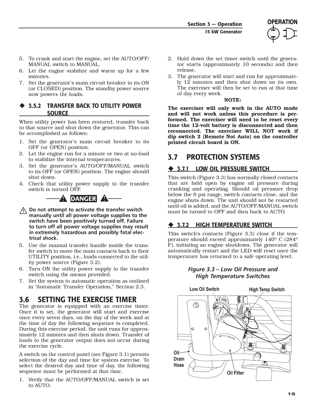 Bryant ASPAX1BBA015 owner manual Setting the Exercise Timer, ‹ 3.5.2 Transfer Back to Utility Power Source 