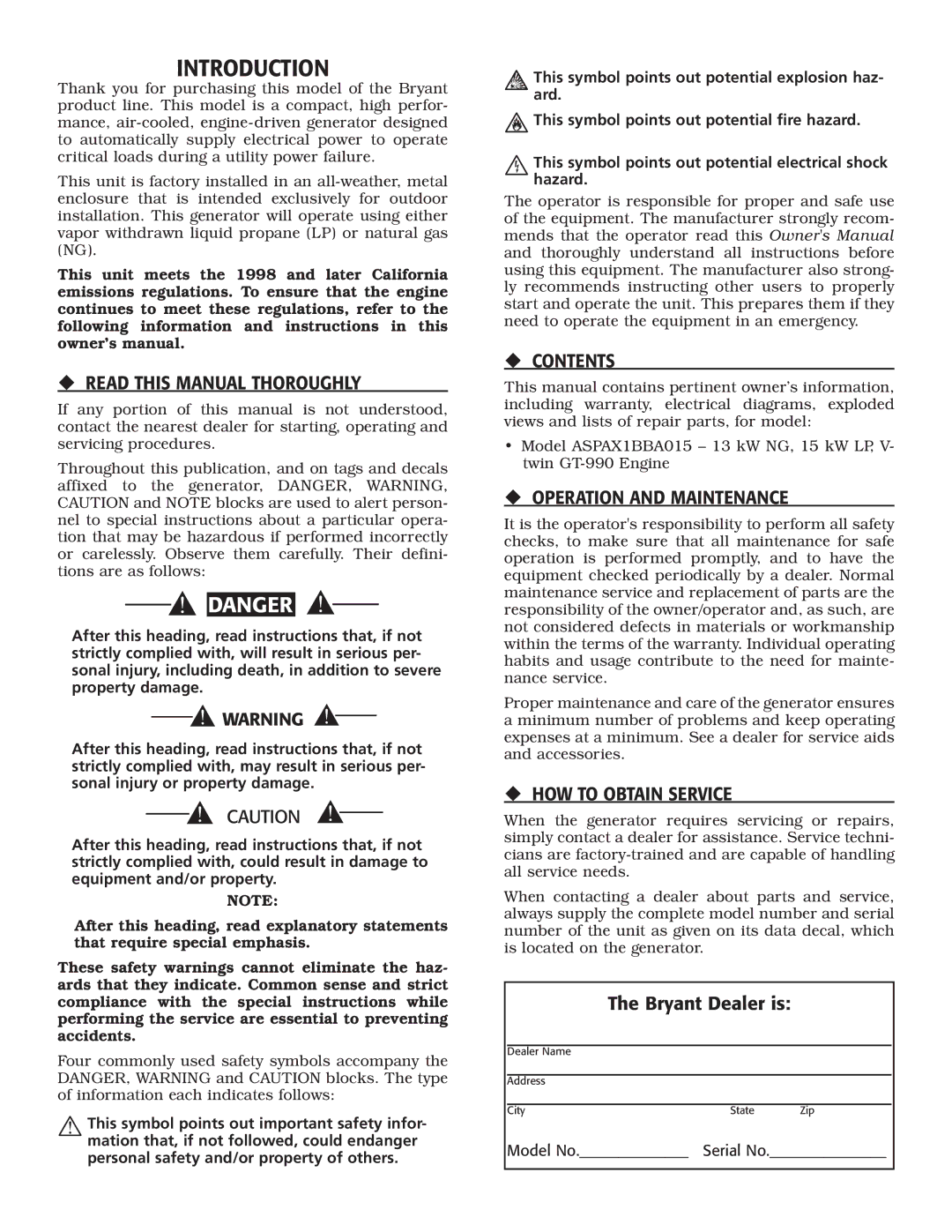 Bryant ASPAX1BBA015 owner manual Introduction, ‹ Read this Manual Thoroughly, ‹ Contents, ‹ Operation and Maintenance 