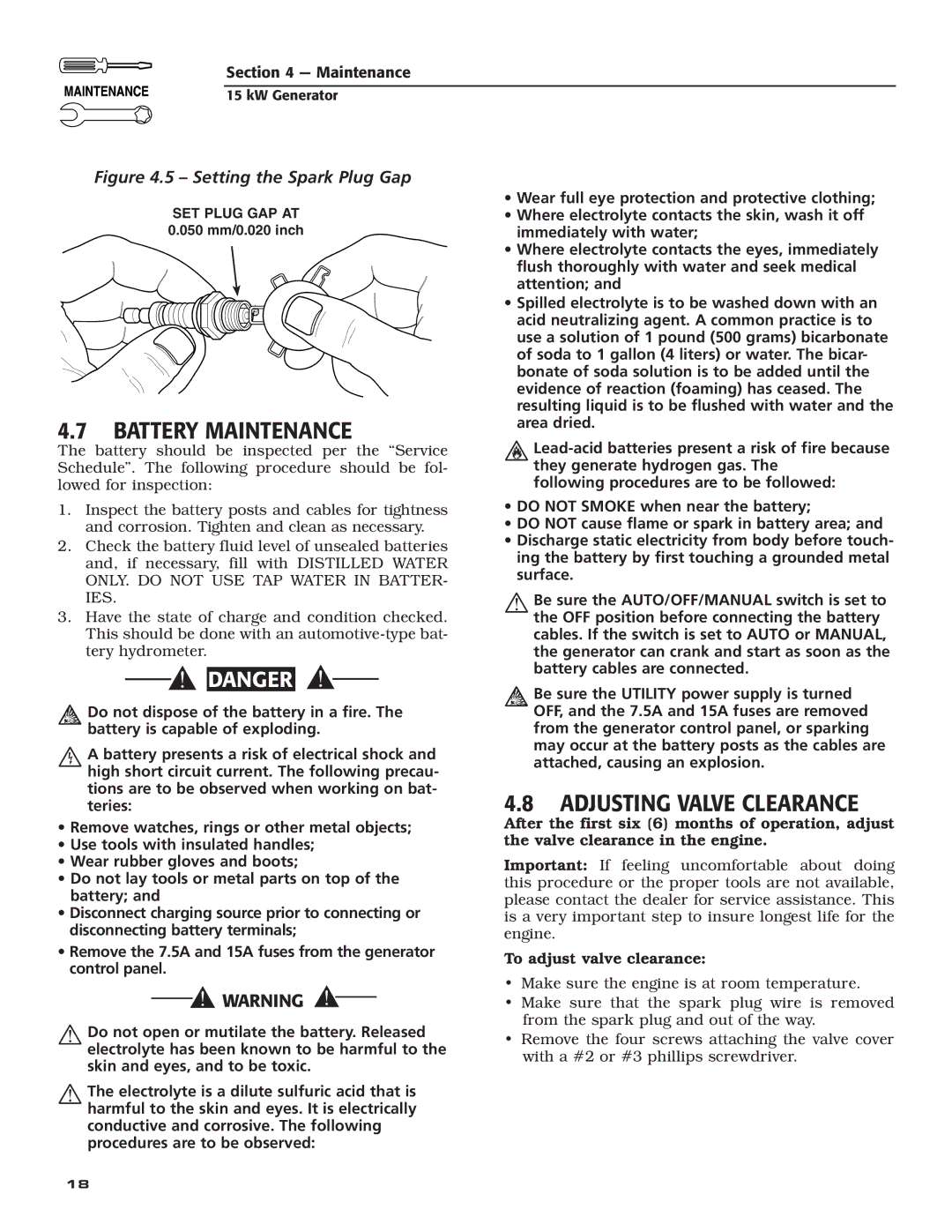 Bryant ASPAX1BBA015 owner manual Battery Maintenance, Adjusting Valve Clearance 