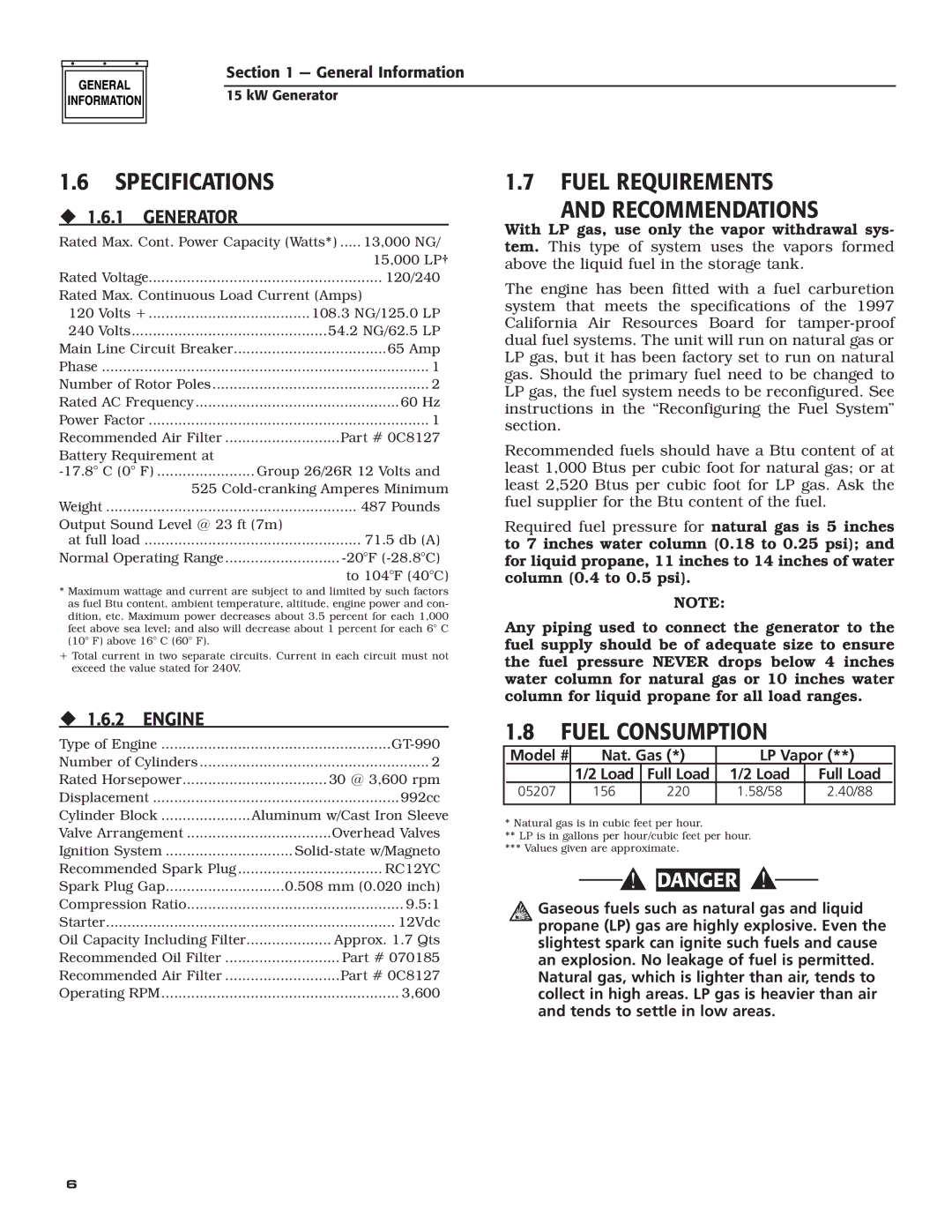 Bryant ASPAX1BBA015 Specifications, Fuel Requirements Recommendations, Fuel Consumption, ‹ 1.6.1 Generator, ‹ 1.6.2 Engine 