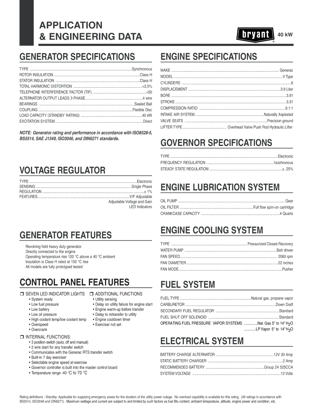 Bryant ASPCS1BBL040 Application Engineering Data, Engine Specifications, Voltage Regulator, Governor Specifications 