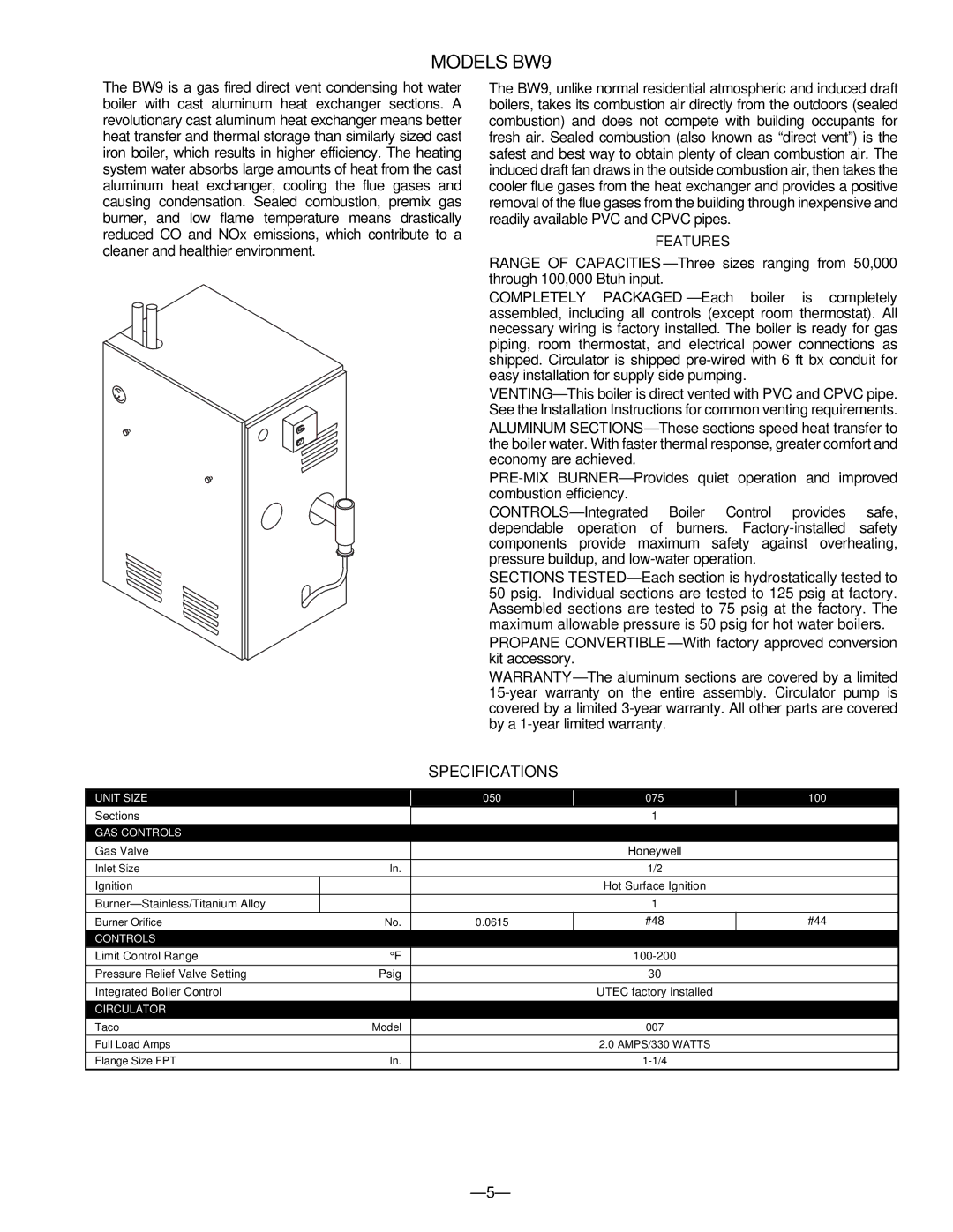 Bryant BW2, BW4B, BS1, BW1, BS2, BW5B, BW3 manual Models BW9, Specifications 