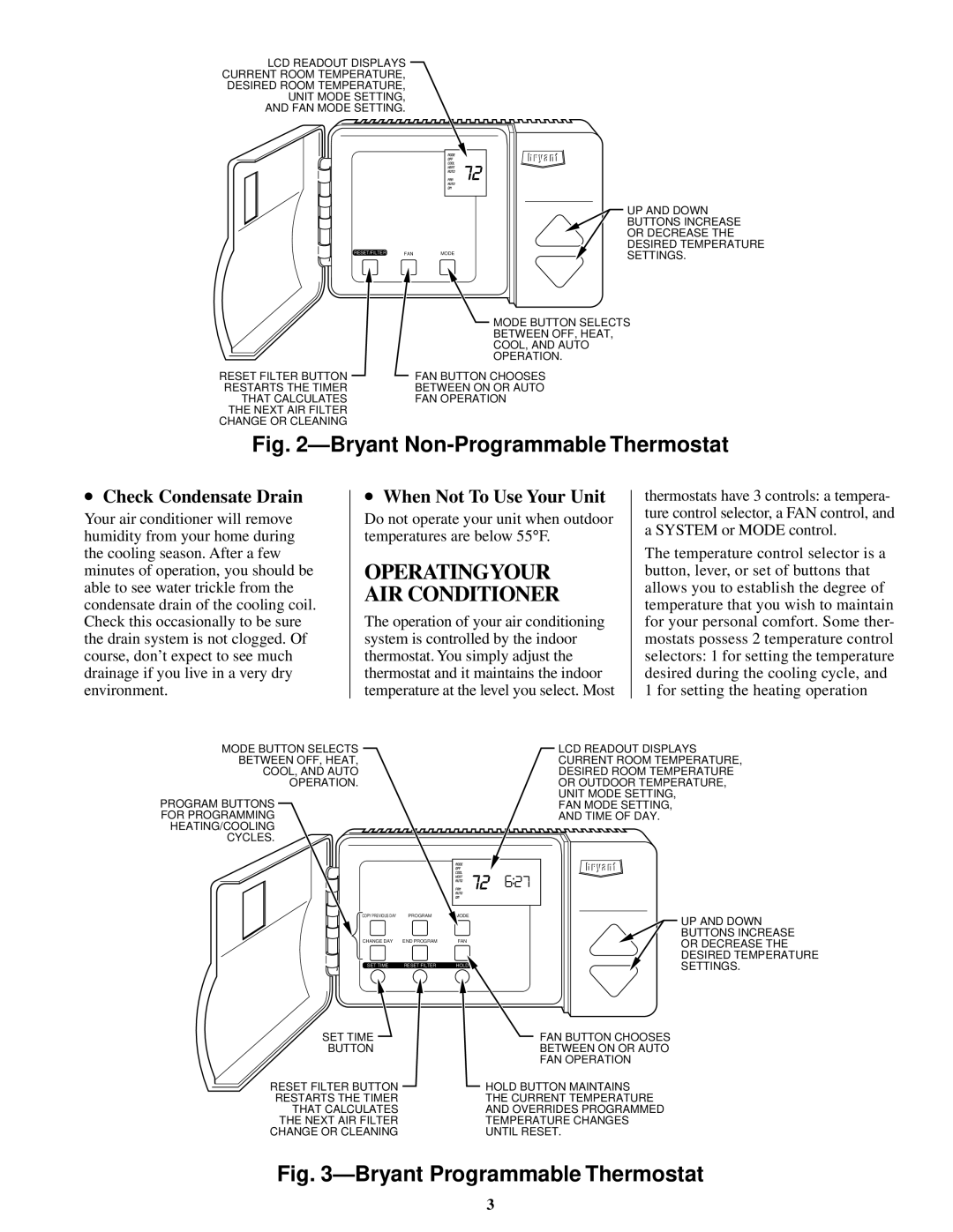 Bryant CENTRAL AIR CONDITIONER manual Operatingyour AIR Conditioner, Check Condensate Drain, When Not To Use Your Unit 