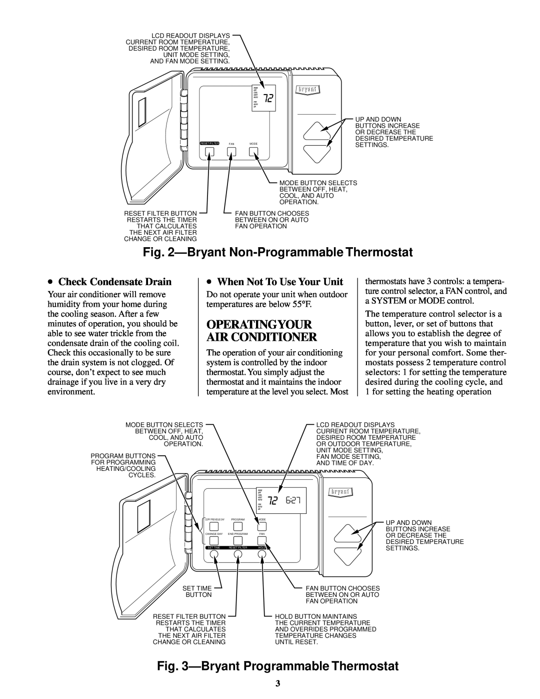 Bryant CENTRAL AIR CONDITIONER manual Bryant Non-ProgrammableThermostat, BryantProgrammable Thermostat 