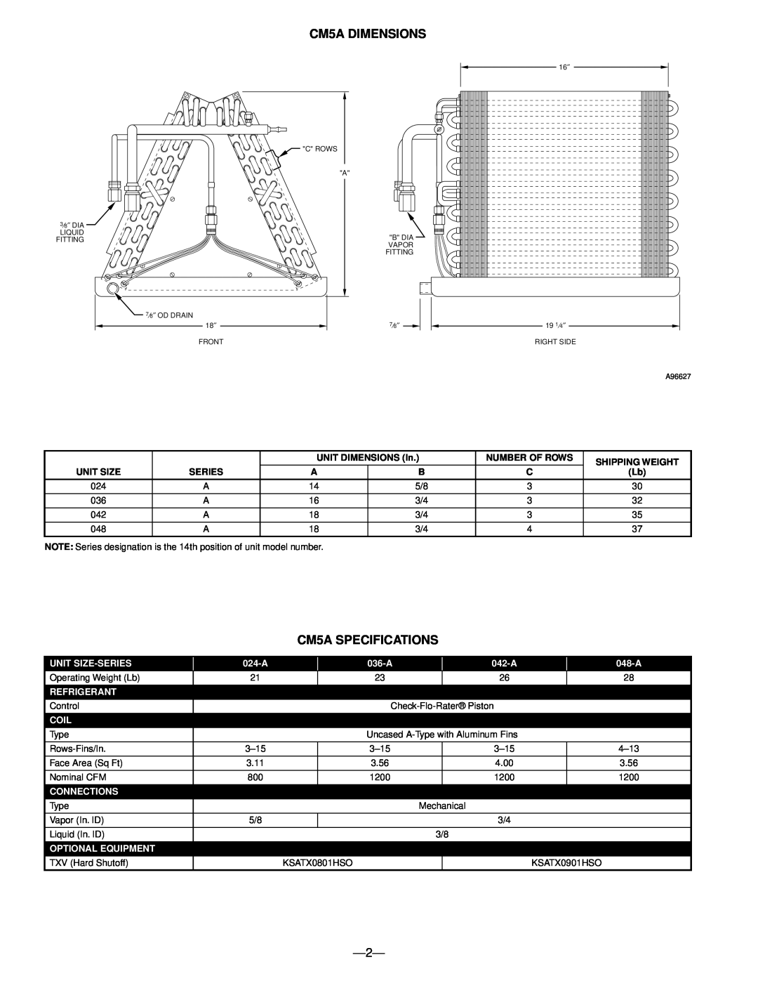 Bryant CM5B manual CM5A DIMENSIONS, CM5A SPECIFICATIONS, Unit Size-Series, 024-A, 036-A, 042-A, 048-A, Refrigerant, Coil 