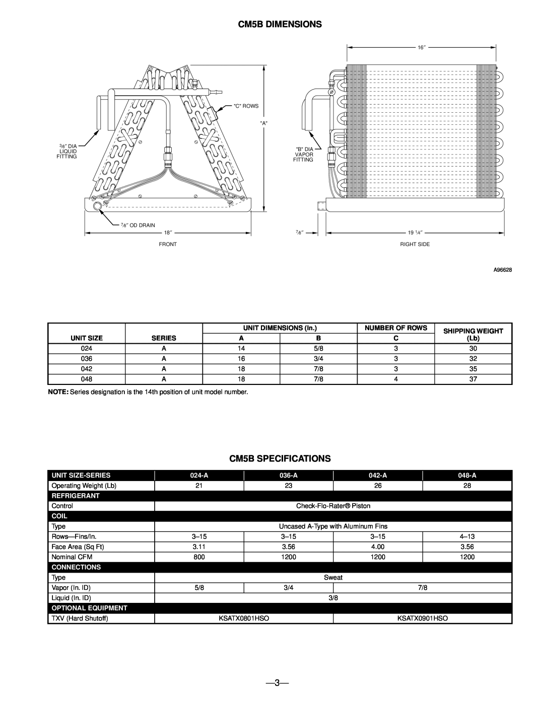 Bryant CM5A manual CM5B DIMENSIONS, CM5B SPECIFICATIONS, Unit Size-Series, 024-A, 036-A, 042-A, 048-A, Refrigerant, Coil 