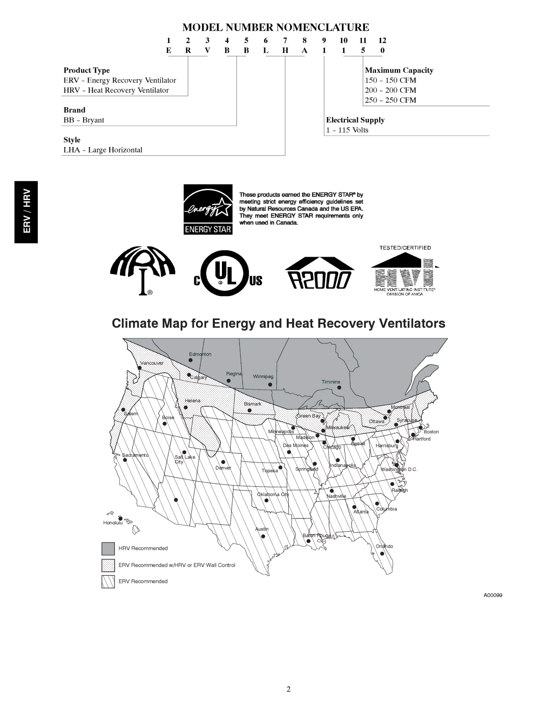 Bryant ERVBBLHA manual Climate Map for Energy and Heat Recovery Ventilators, Model Number Nomenclature 