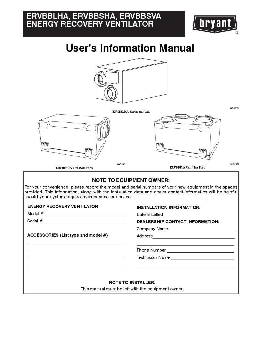 Bryant ERVBBSVA, ERVBBSHA manual User’s Information Manual 