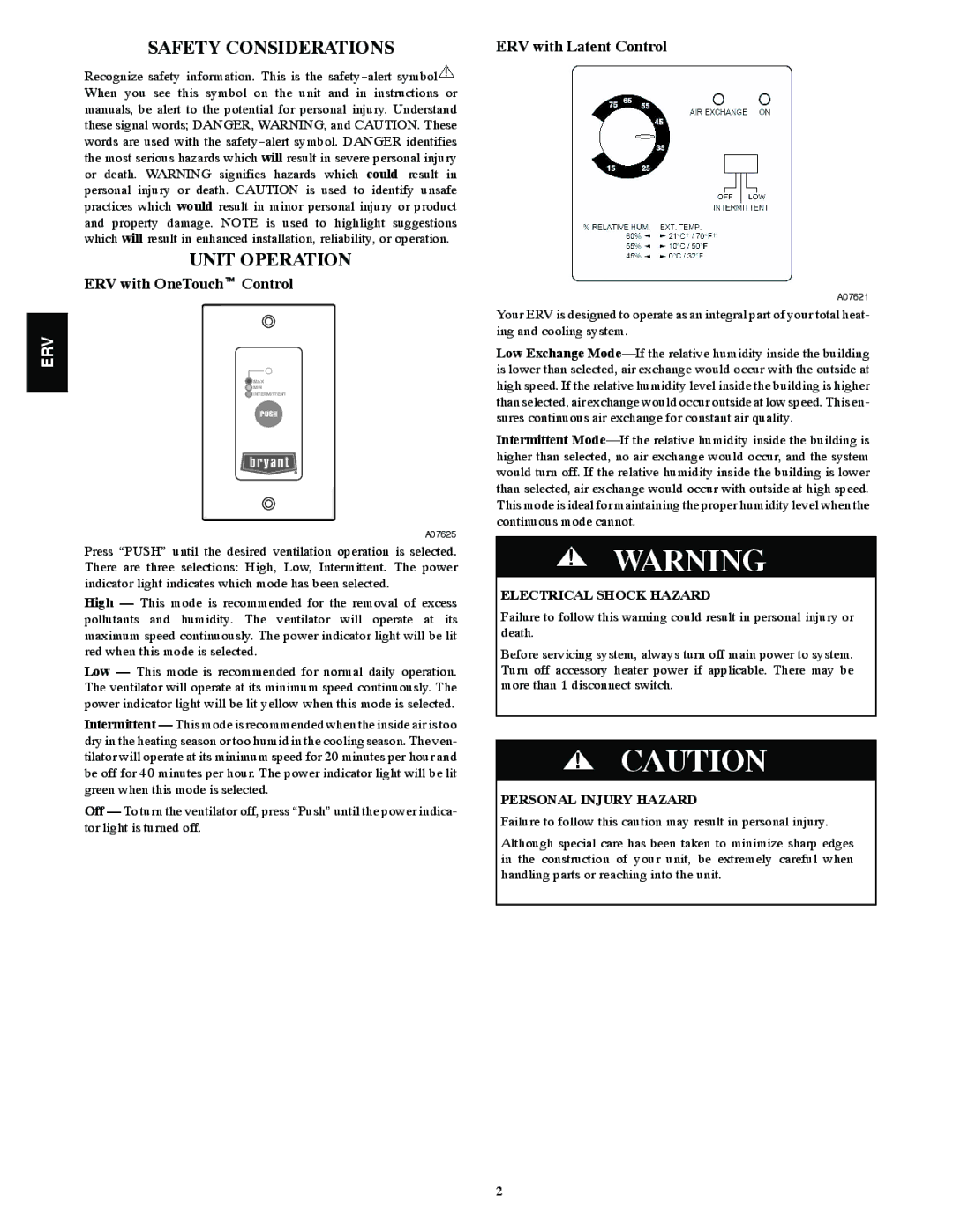 Bryant ERVBBSHA, ERVBBSVA manual Safety Considerations, Unit Operation 