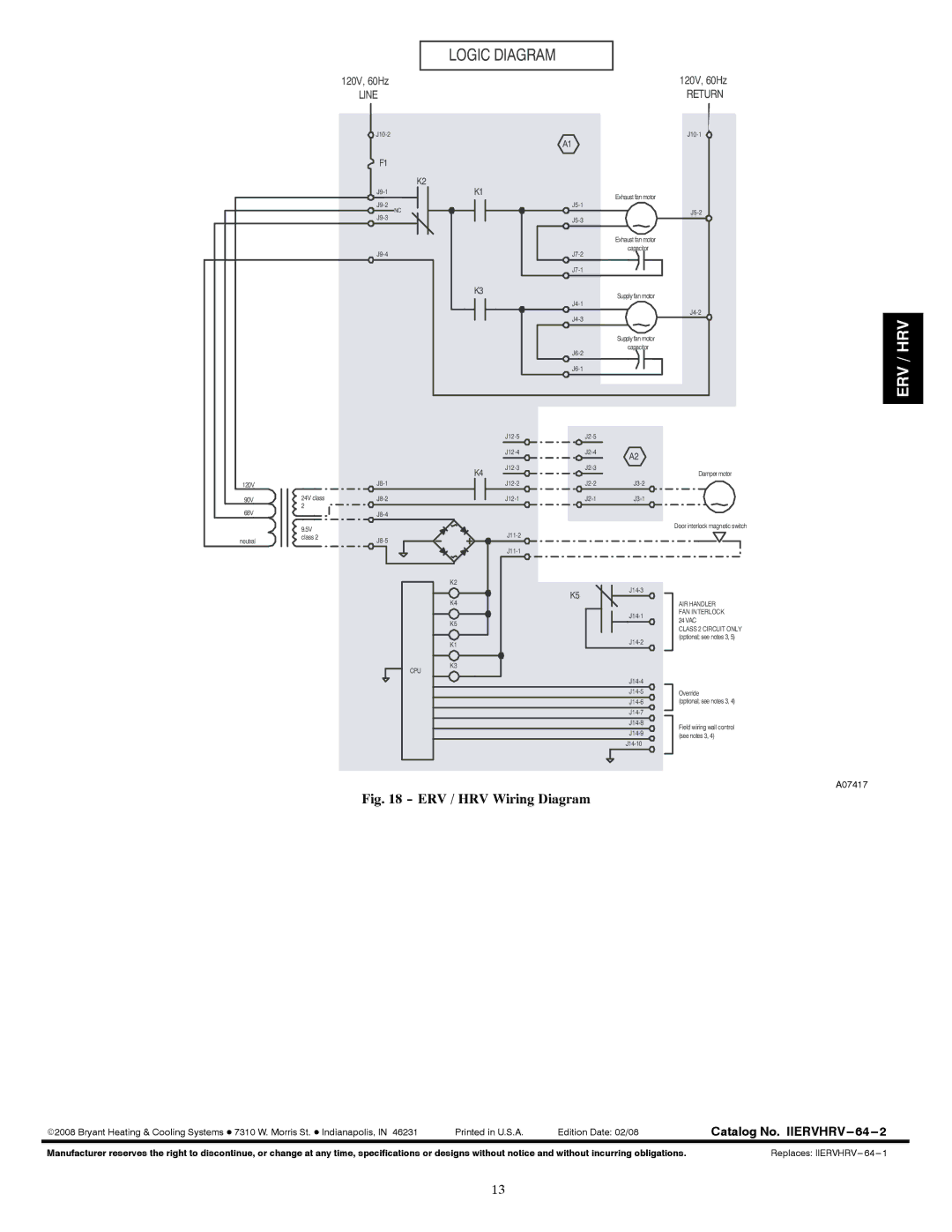 Bryant ERVBBSVA1100 installation instructions Logic Diagram 