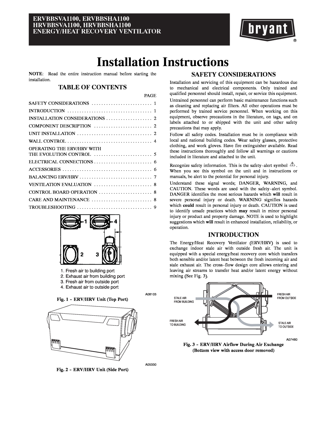 Bryant ERVBBSVA1100 installation instructions Table Of Contents, Safety Considerations, Introduction 