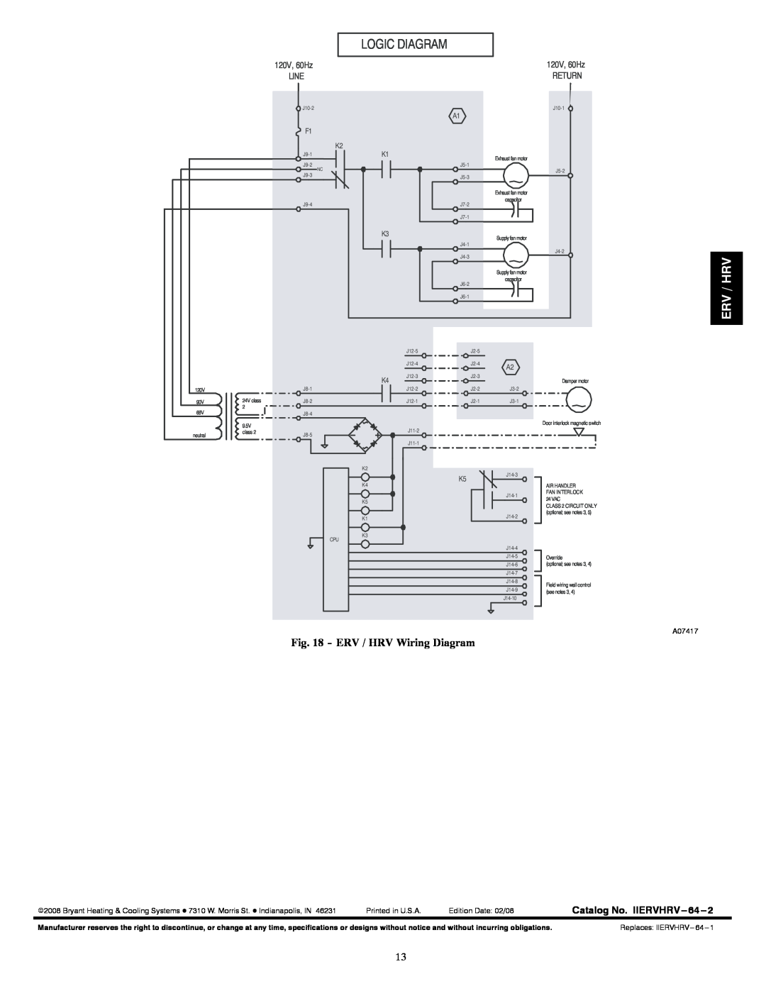 Bryant ERVBBSVA1100 ERV / HRV Wiring Diagram, Logic Diagram, Erv / Hrv, 120V, 60Hz, Line, Return, A07417, Printed in U.S.A 