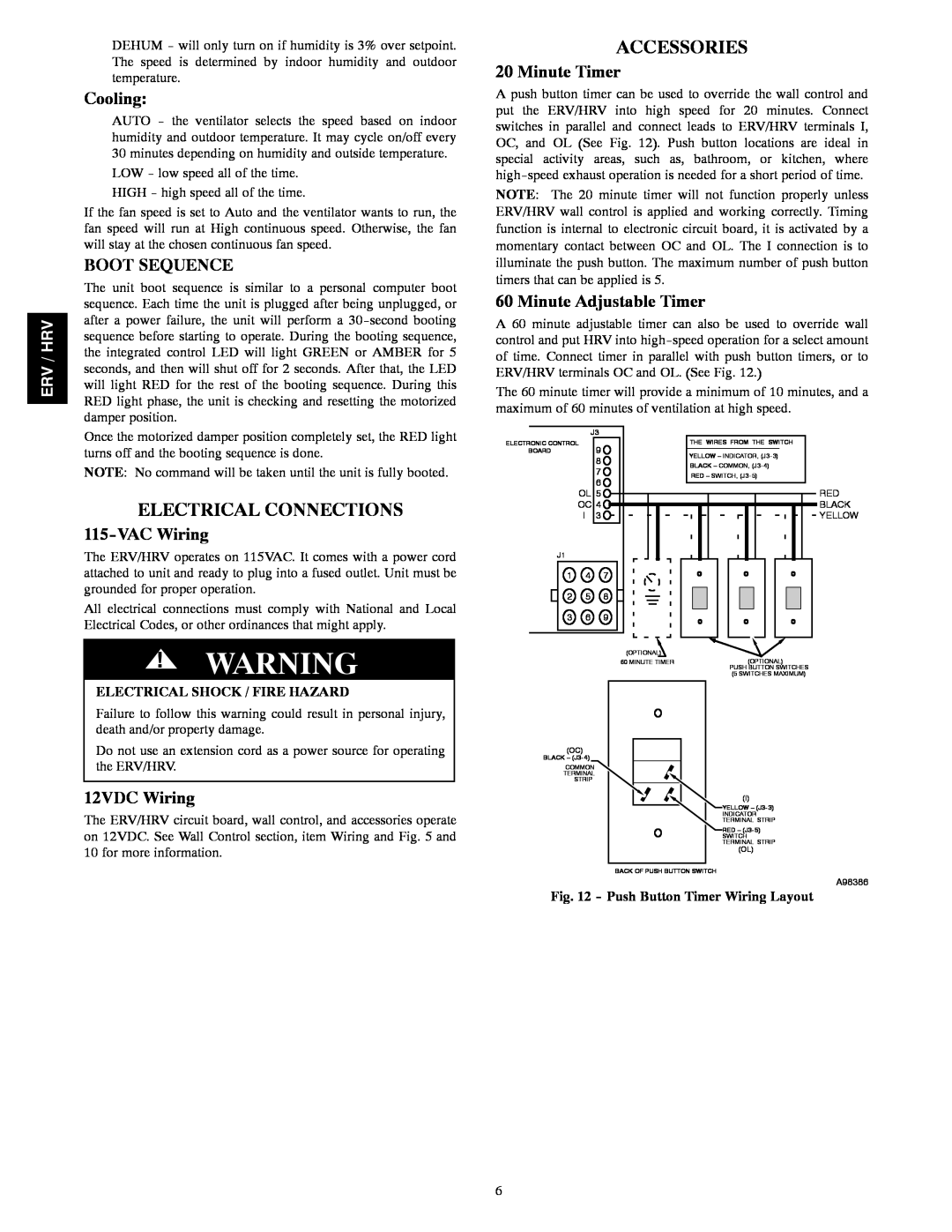 Bryant ERVBBSVA1100 Electrical Connections, Accessories, Cooling, Boot Sequence, VAC Wiring, 12VDC Wiring, Minute Timer 