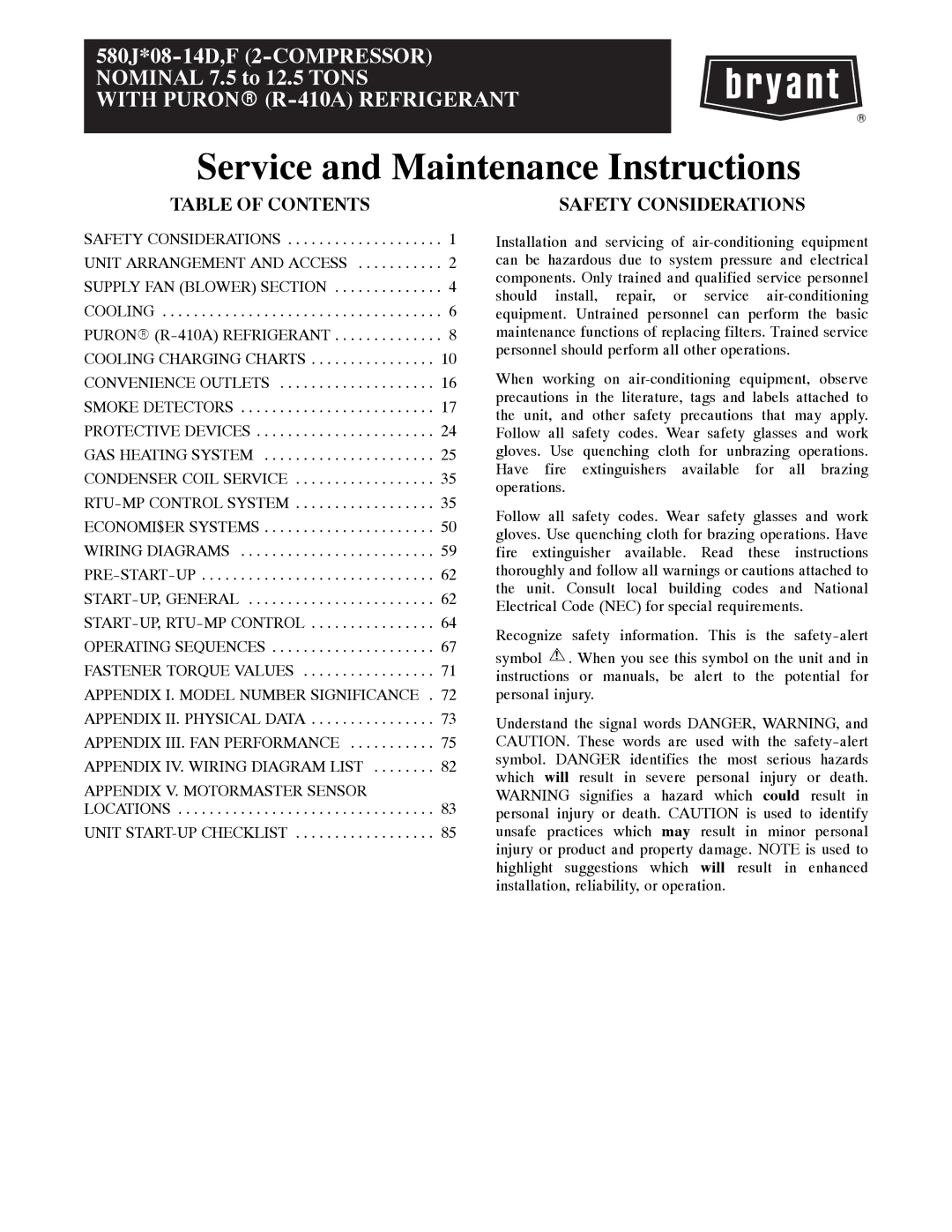 Bryant 580J*08--14D, F appendix Table of Contents, Safety Considerations 