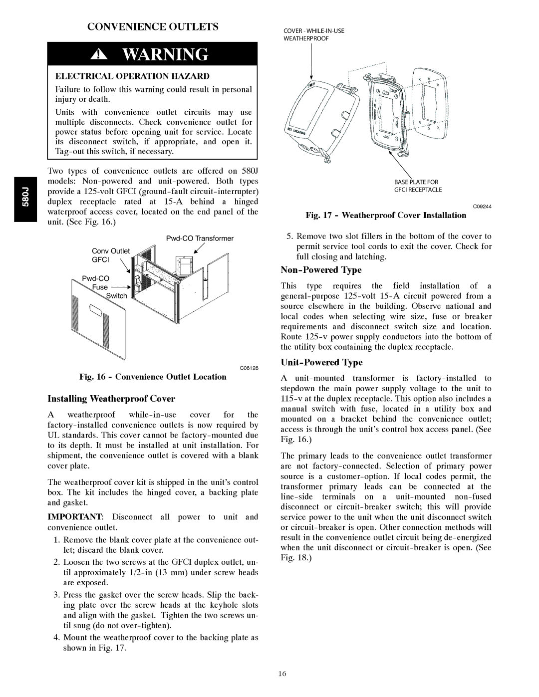 Bryant F, 580J*08--14D appendix Convenience Outlets, Installing Weatherproof Cover, Non-Powered Type, Unit-Powered Type 