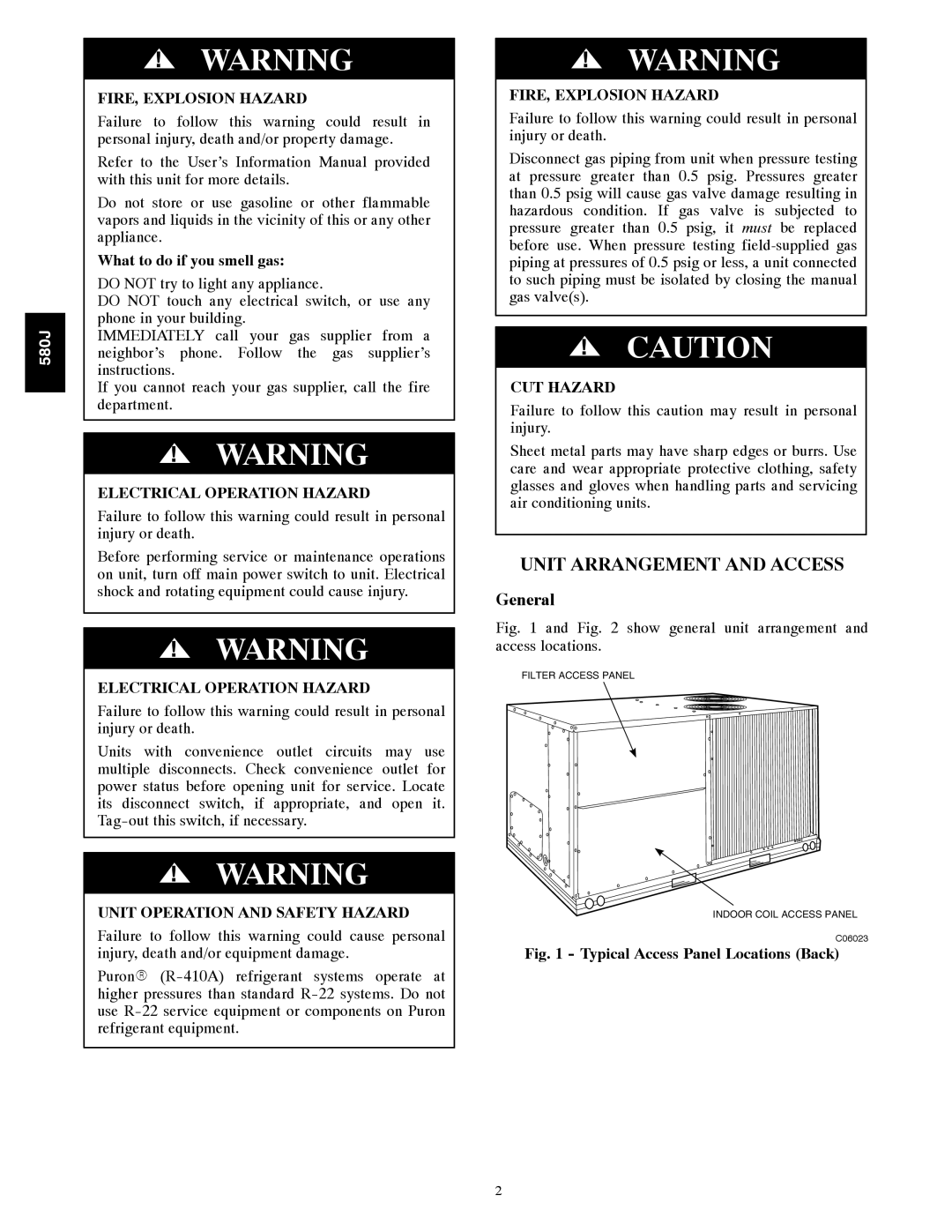 Bryant F, 580J*08--14D appendix Unit Arrangement and Access, General, What to do if you smell gas 