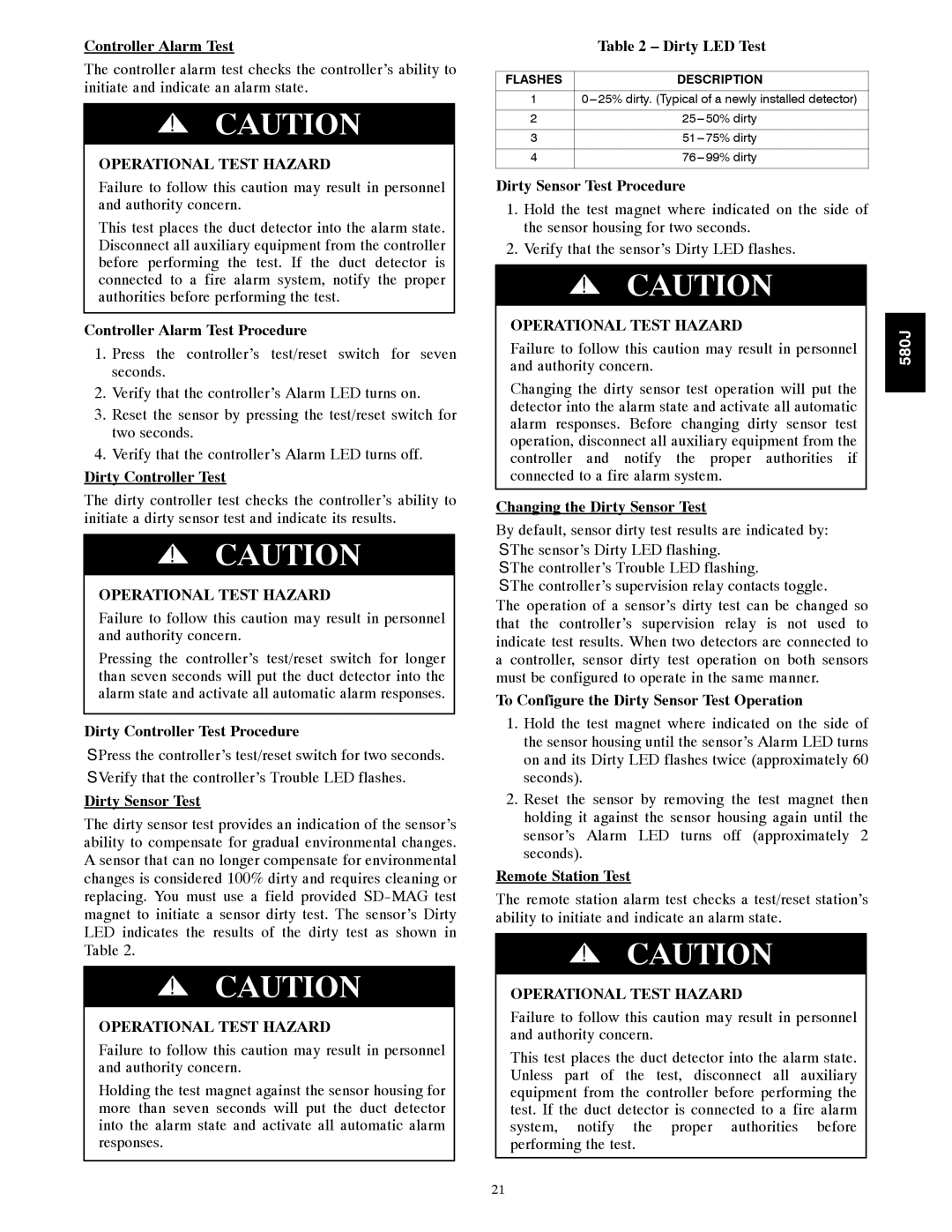 Bryant 580J*08--14D, F appendix Controller Alarm Test Procedure, Dirty Controller Test Procedure, Dirty Sensor Test 