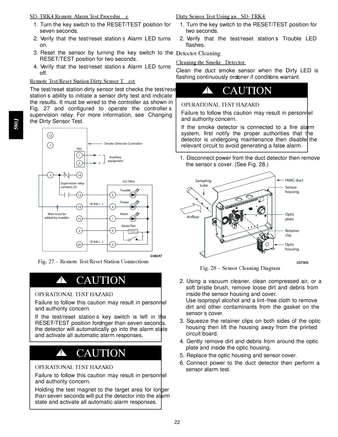 Bryant F, 580J*08--14D Detector Cleaning, SD-TRK4 Remote Alarm Test Procedure, Remote Test/Reset Station Dirty Sensor Test 