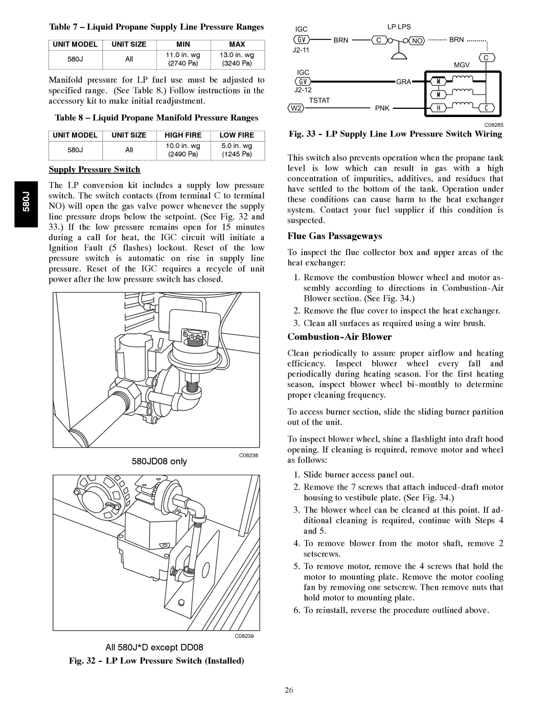 Bryant Flue Gas Passageways, Combustion-Air Blower, Liquid Propane Supply Line Pressure Ranges, Supply Pressure Switch 