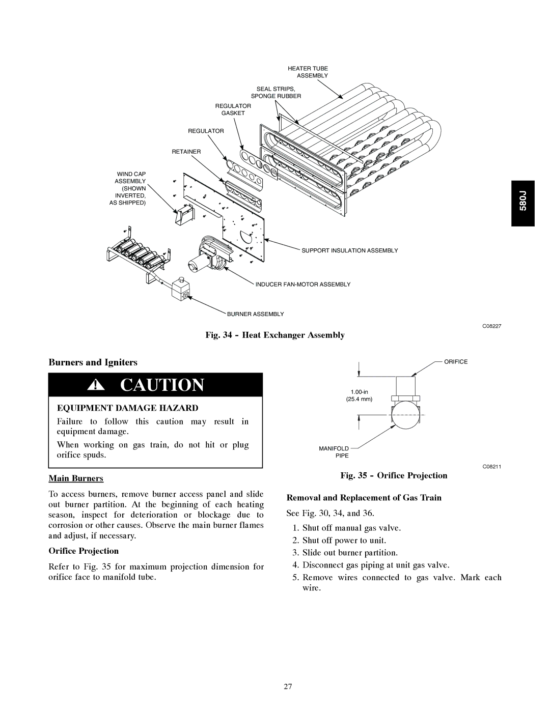 Bryant 580J*08--14D, F appendix Burners and Igniters, Main Burners, Orifice Projection 