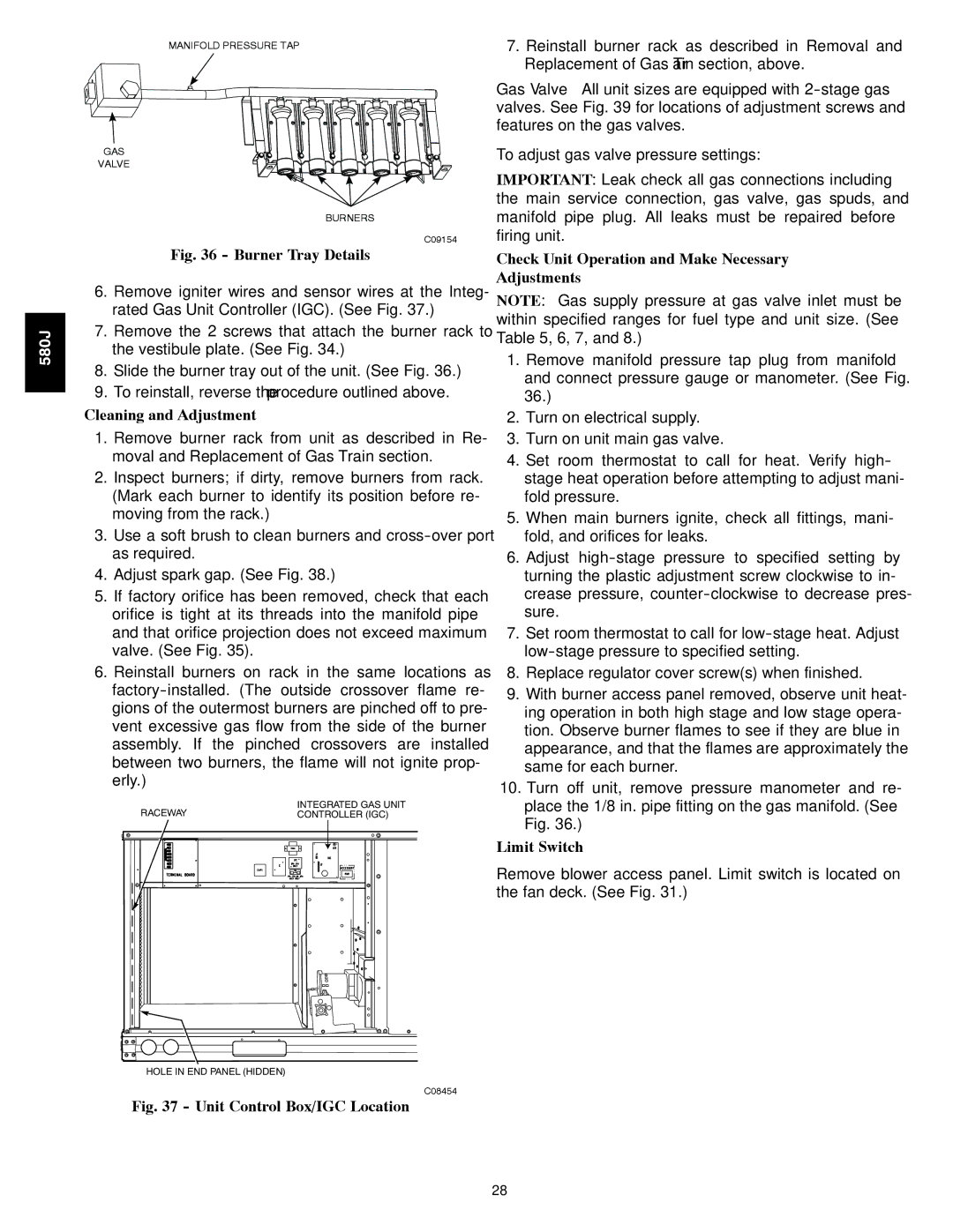 Bryant F, 580J*08--14D appendix Cleaning and Adjustment, Check Unit Operation and Make Necessary Adjustments, Limit Switch 