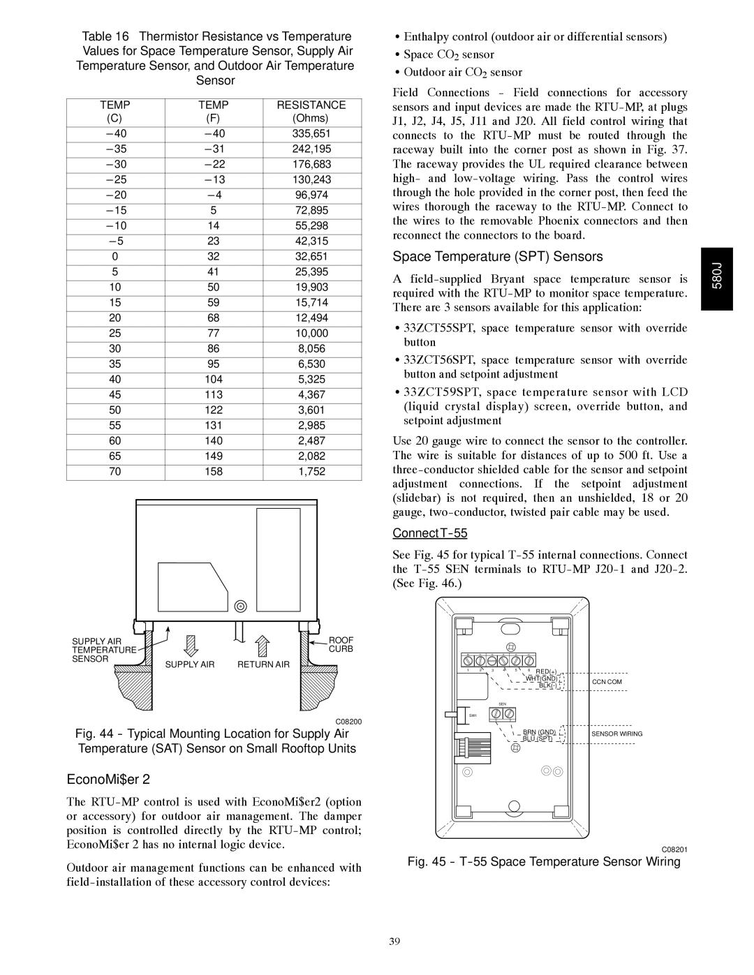 Bryant 580J*08--14D, F appendix Space Temperature SPT Sensors, EconoMi$er, Connect T-55 