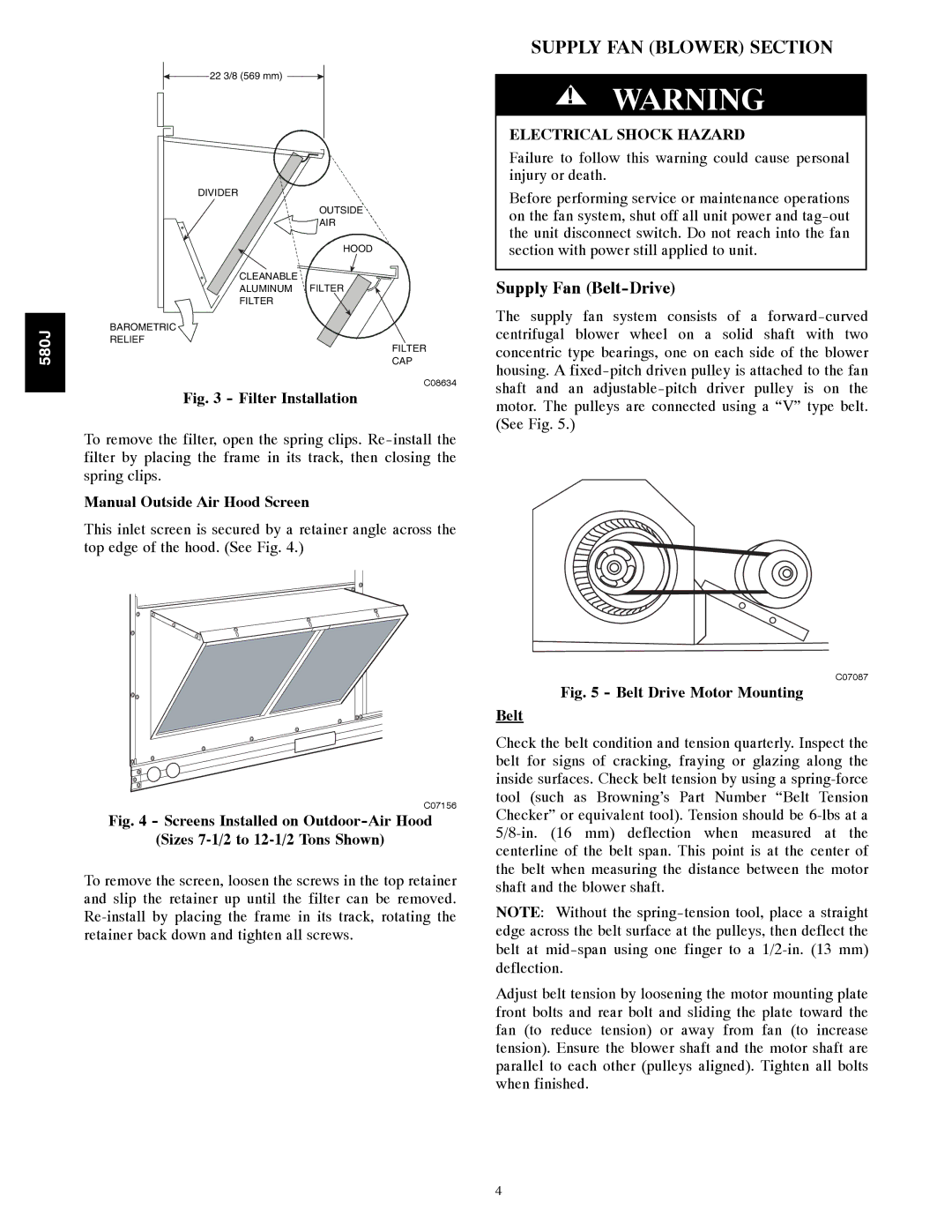 Bryant 580J*08--14D appendix Supply FAN Blower Section, Supply Fan Belt-Drive, Manual Outside Air Hood Screen 