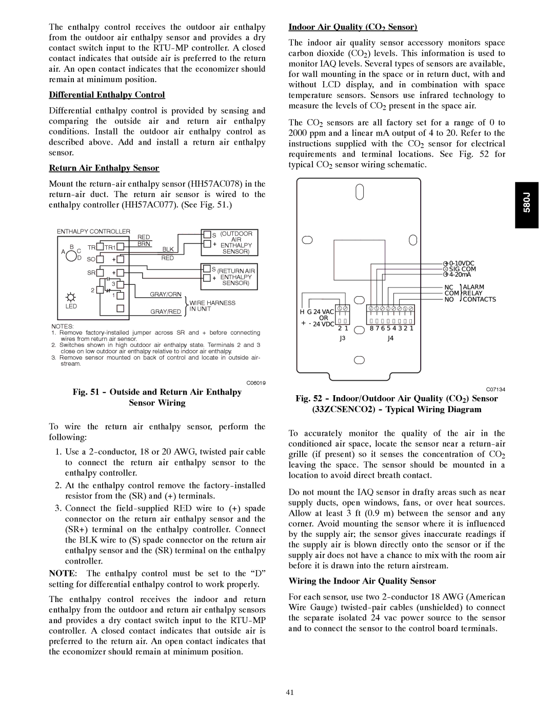 Bryant 580J*08--14D, F appendix Differential Enthalpy Control, Return Air Enthalpy Sensor, Indoor Air Quality CO2 Sensor 