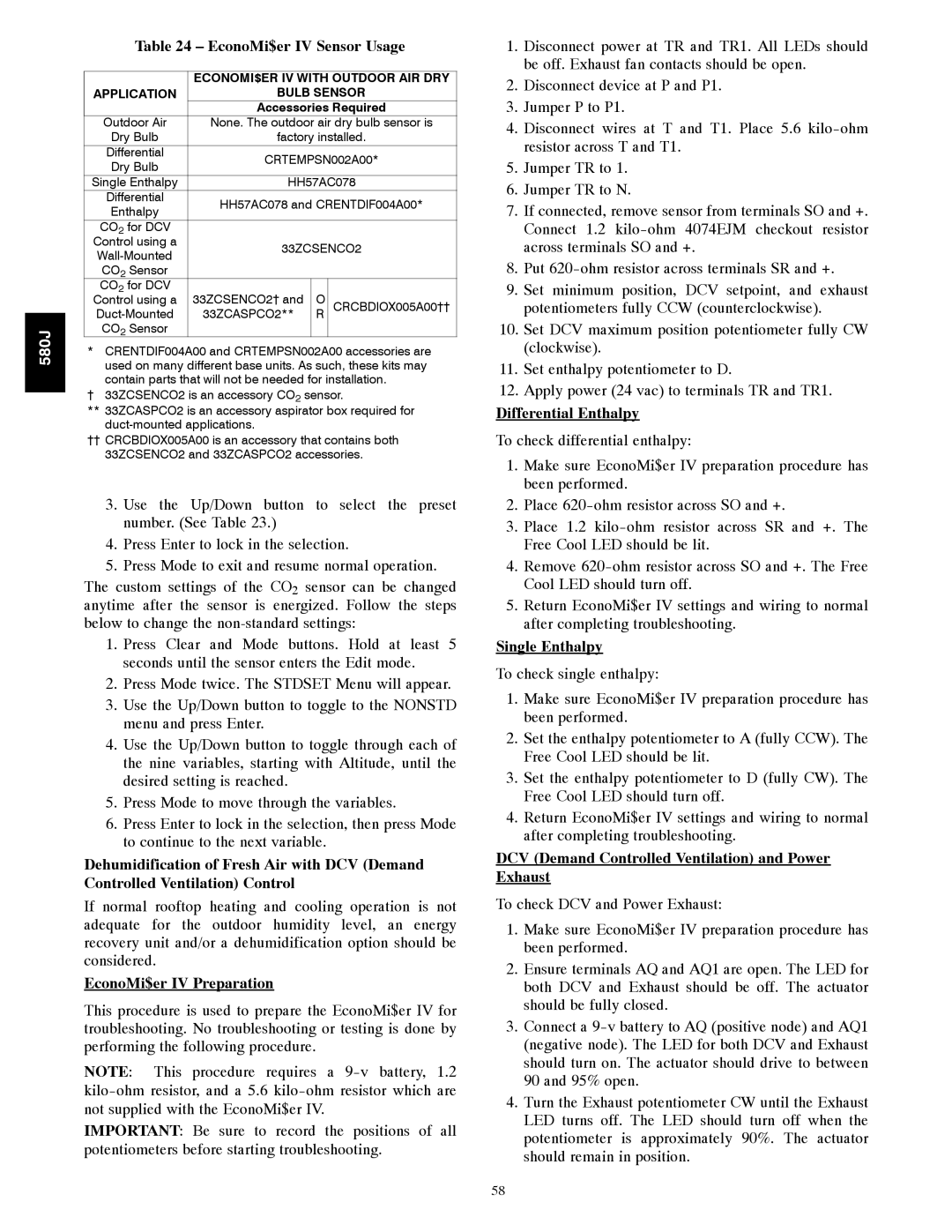 Bryant F, 580J*08--14D EconoMi$er IV Sensor Usage, EconoMi$er IV Preparation, Differential Enthalpy, Single Enthalpy 