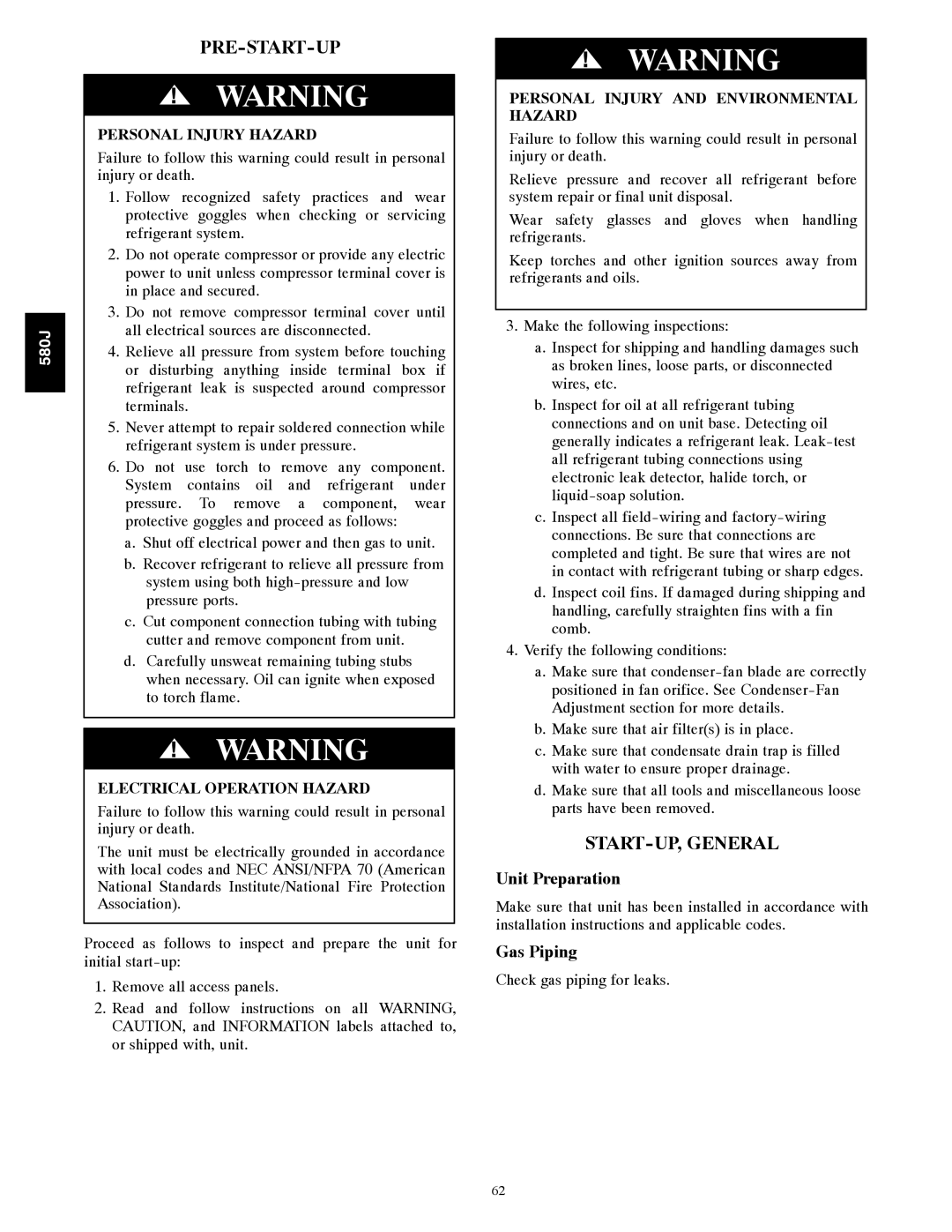 Bryant F, 580J*08--14D appendix Pre-Start-Up, START-UP, General, Unit Preparation, Gas Piping 