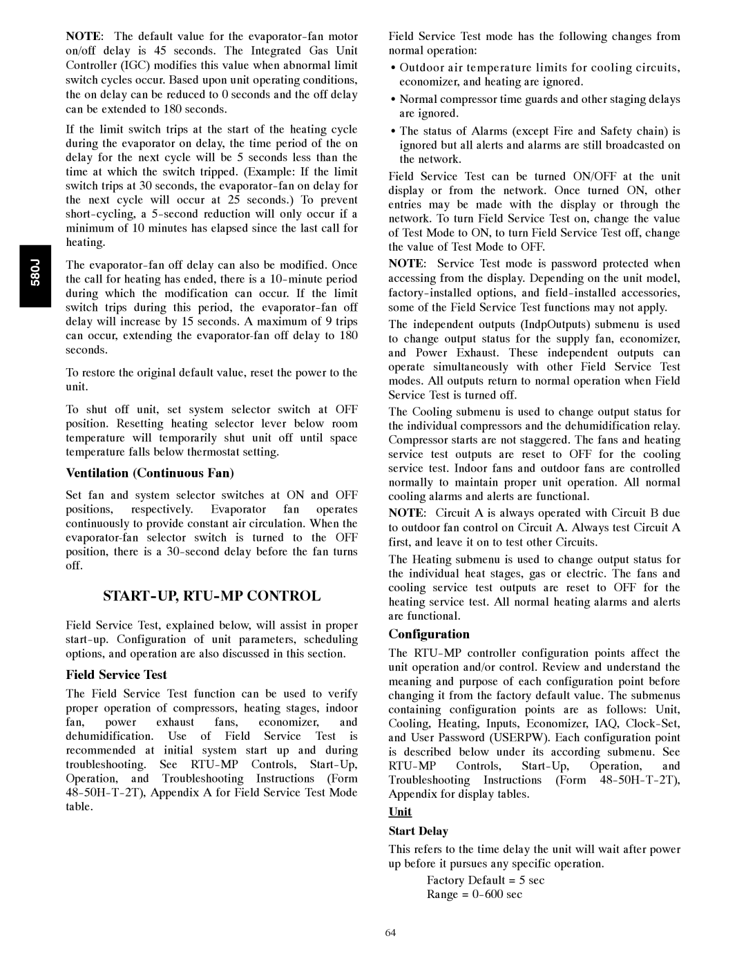 Bryant START-UP, RTU-MP Control, Ventilation Continuous Fan, Field Service Test, Configuration, Unit Start Delay 