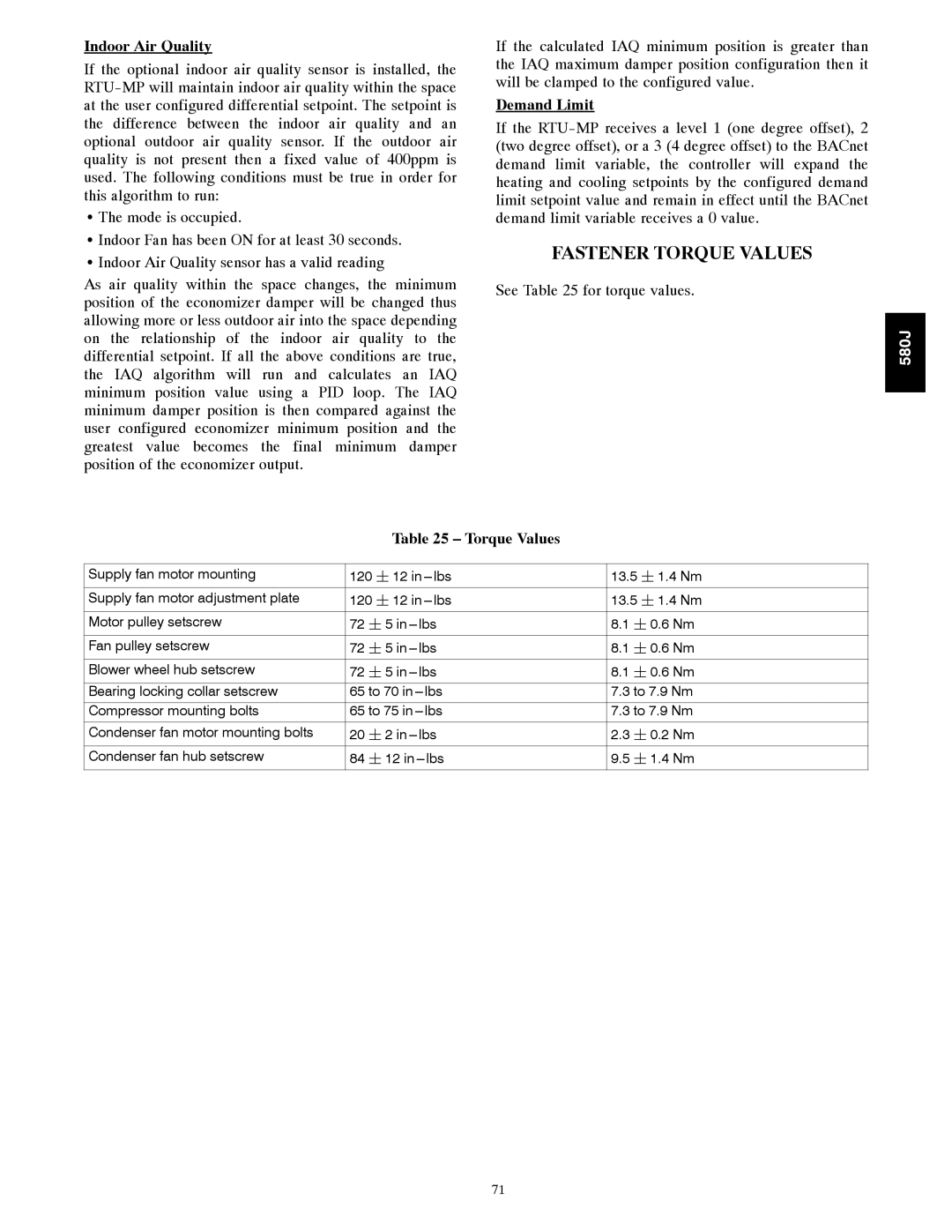 Bryant 580J*08--14D appendix Fastener Torque Values, Indoor Air Quality, Demand Limit 