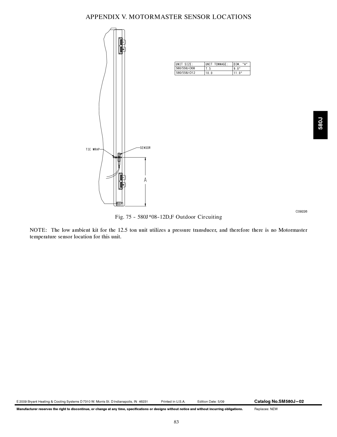 Bryant 580J*08--14D, F appendix Appendix V. Motormaster Sensor Locations, Catalog No.SM580J---02 