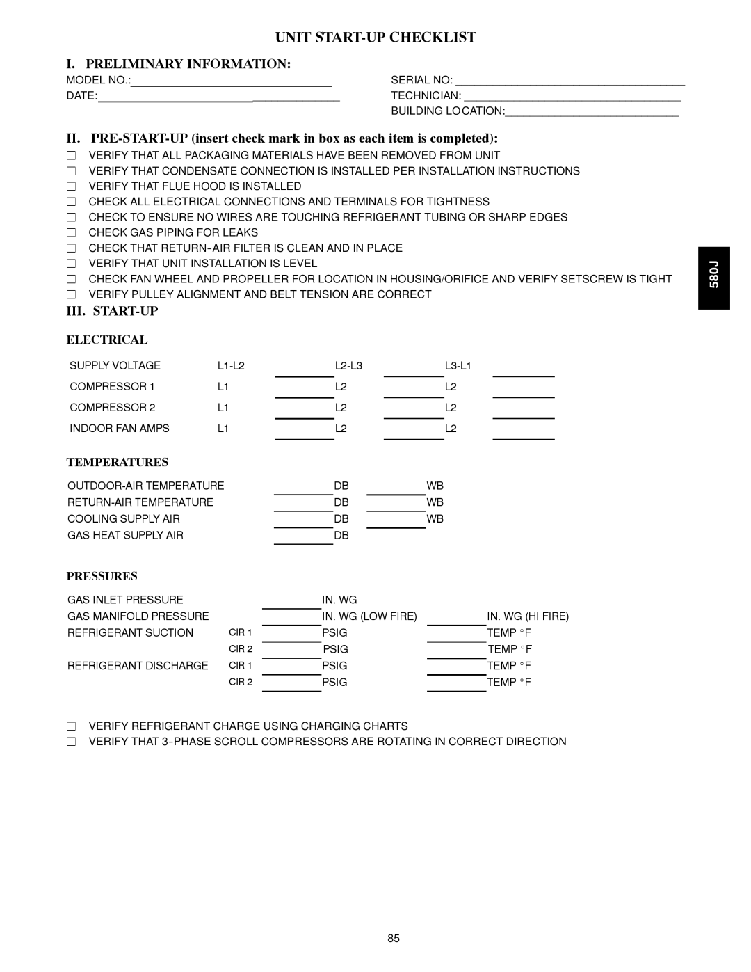 Bryant 580J*08--14D, F appendix Unit START-UP Checklist, Preliminary Information 