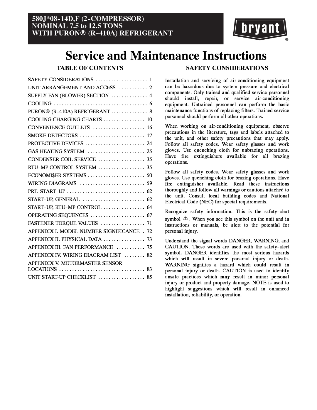 Bryant 580J*08--14D, F appendix Table Of Contents, Safety Considerations, Service and Maintenance Instructions 