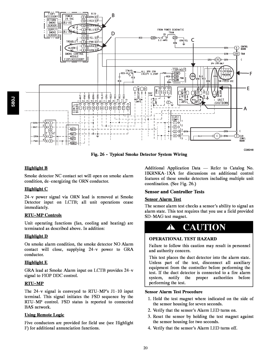 Bryant F Sensor and Controller Tests, Typical Smoke Detector System Wiring, Highlight B, Highlight C, RTU-MPControls, 580J 