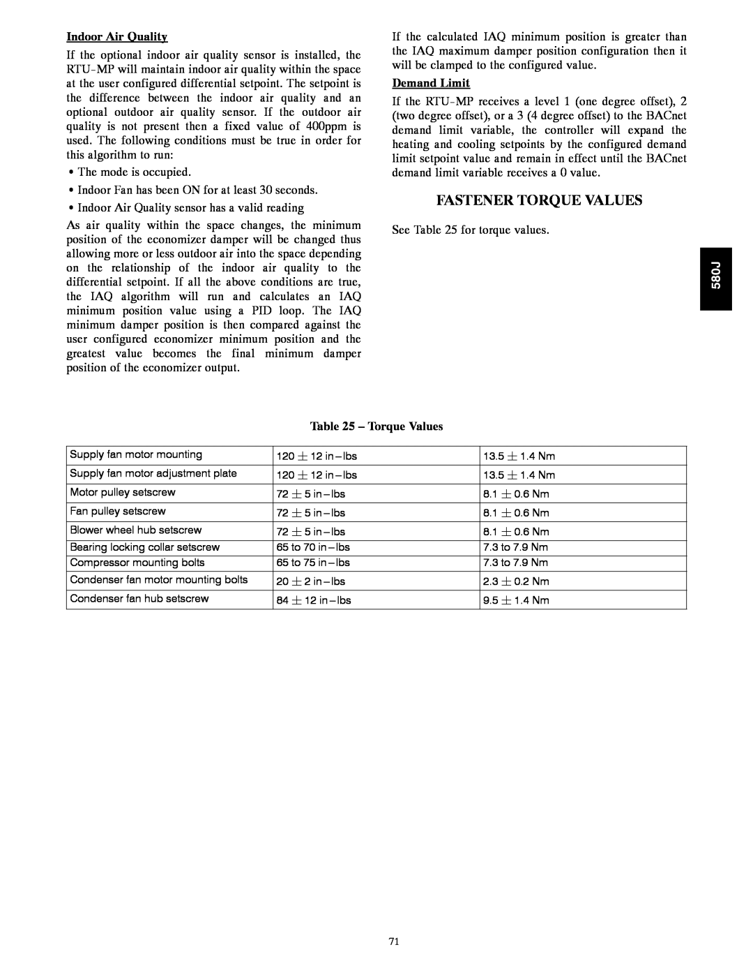 Bryant 580J*08--14D appendix Fastener Torque Values, Indoor Air Quality, Demand Limit 